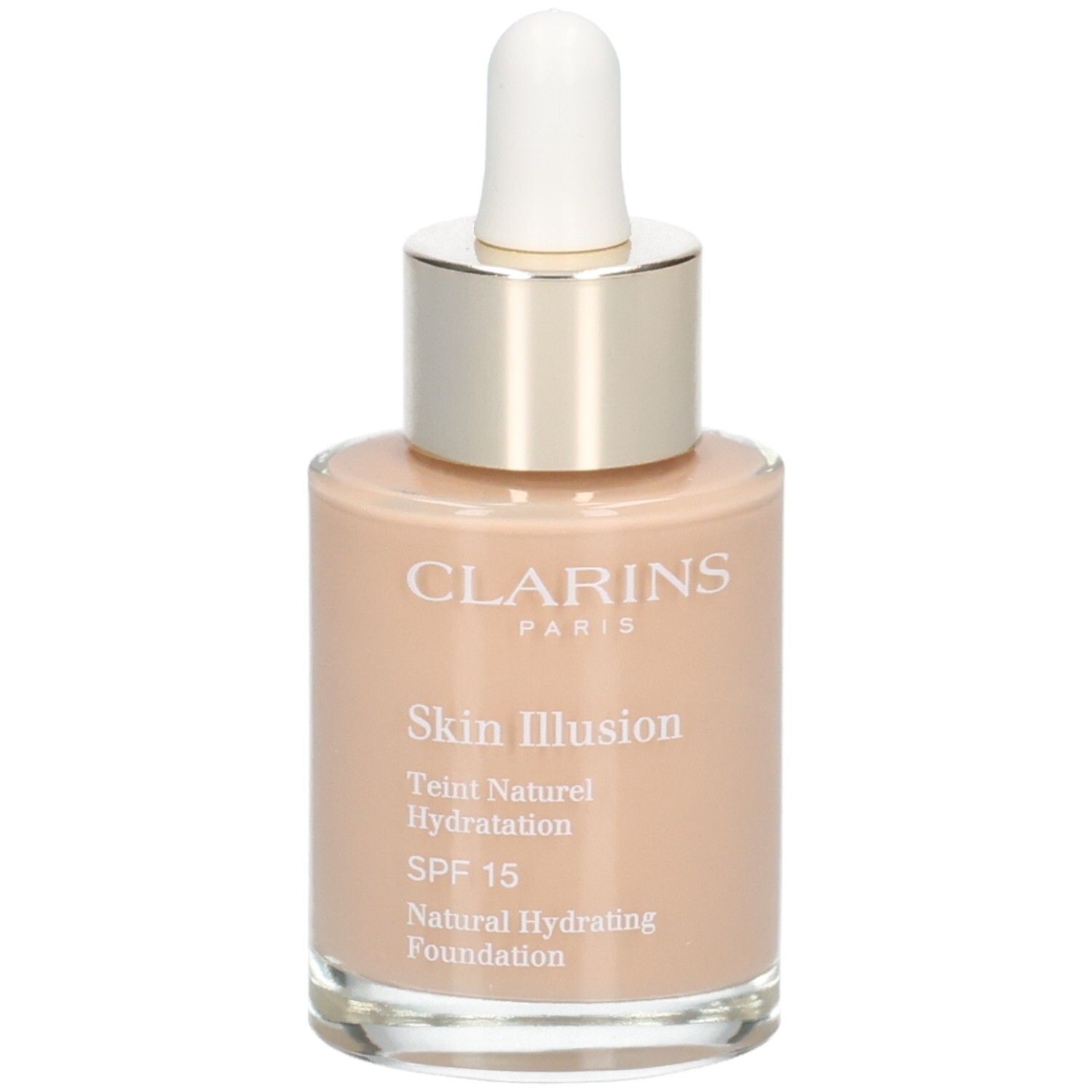 Clarins Skin Illusion Foundation in Glasflasche mit Pipette. Farbton 108.5 Cashew.