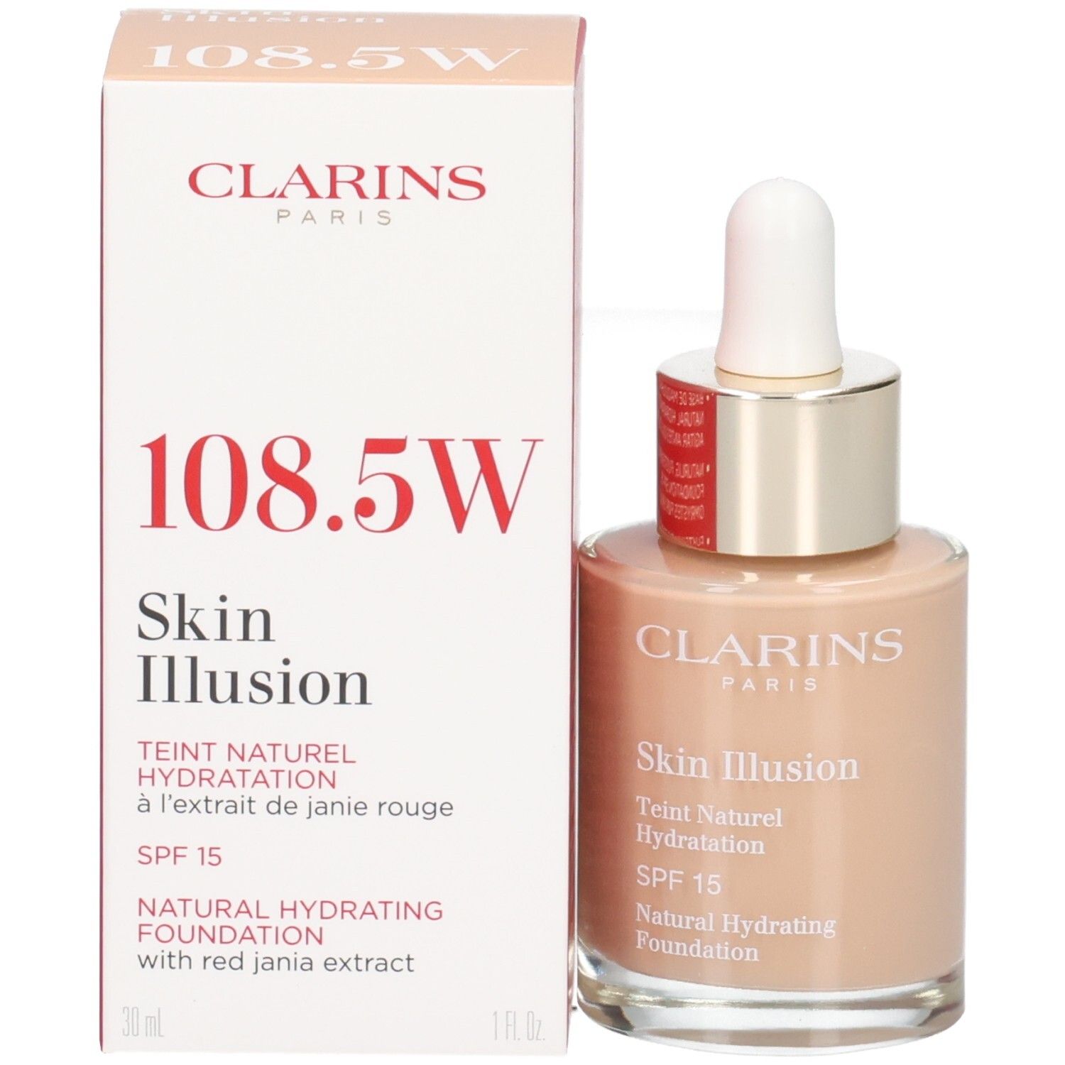 Clarins Skin Illusion Foundation 108.5 Cashew mit Verpackung. Glasflasche mit Pipette.