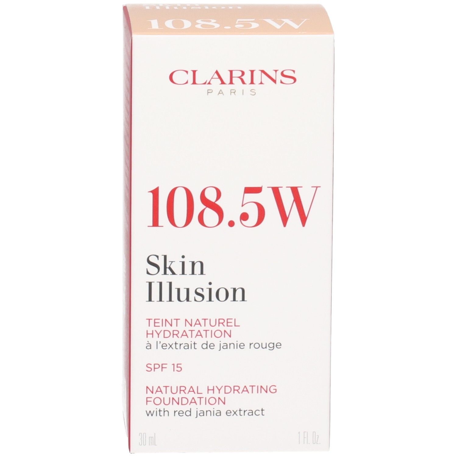 Clarins Skin Illusion Foundation 108.5 Cashew mit Verpackung. Karton und Glasflasche mit Pipette.