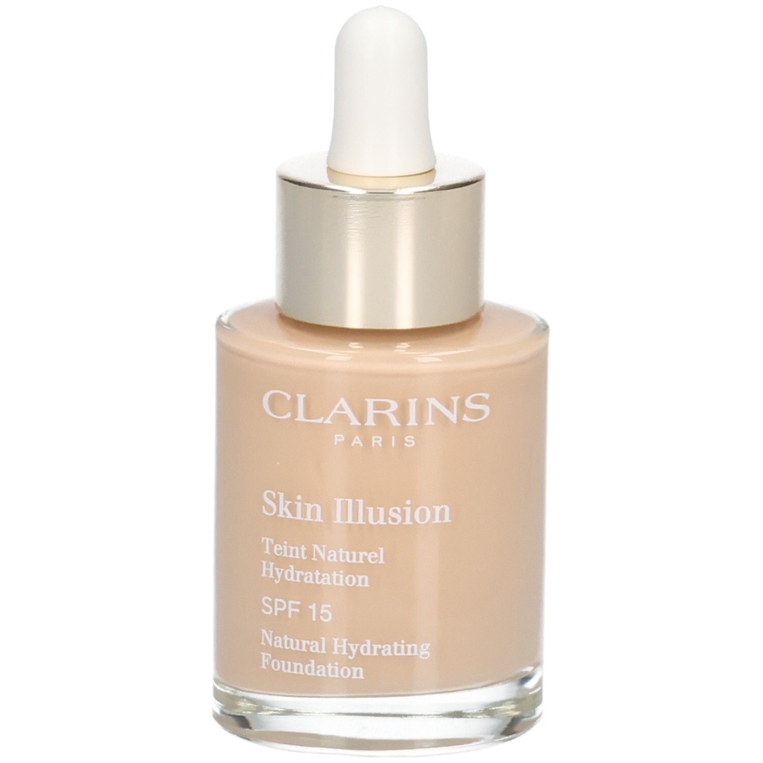 Clarins Skin Illusion Foundation in Glasflasche mit Pipette. Farbton 110 Honey.