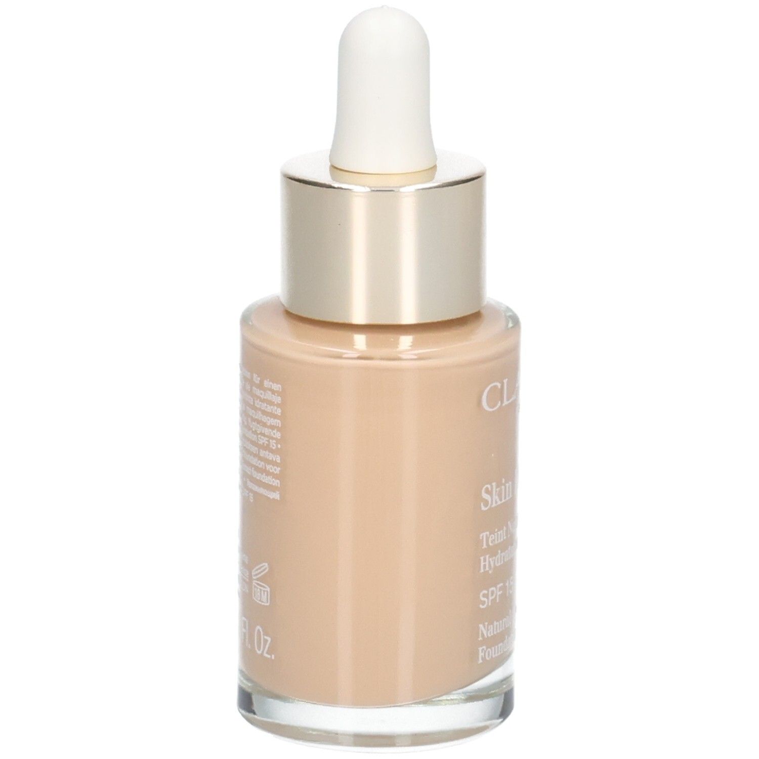 Clarins Skin Illusion Foundation, Rückansicht. Glasflasche mit Pipette. Farbton 110 Honey.