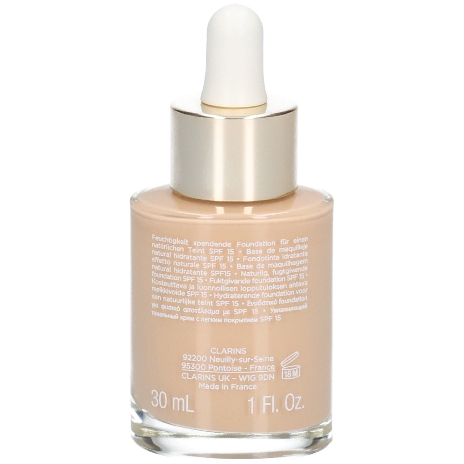 Clarins Skin Illusion Foundation, Rückseite mit Produktinformationen. 30 ml. Farbton 110 Honey.
