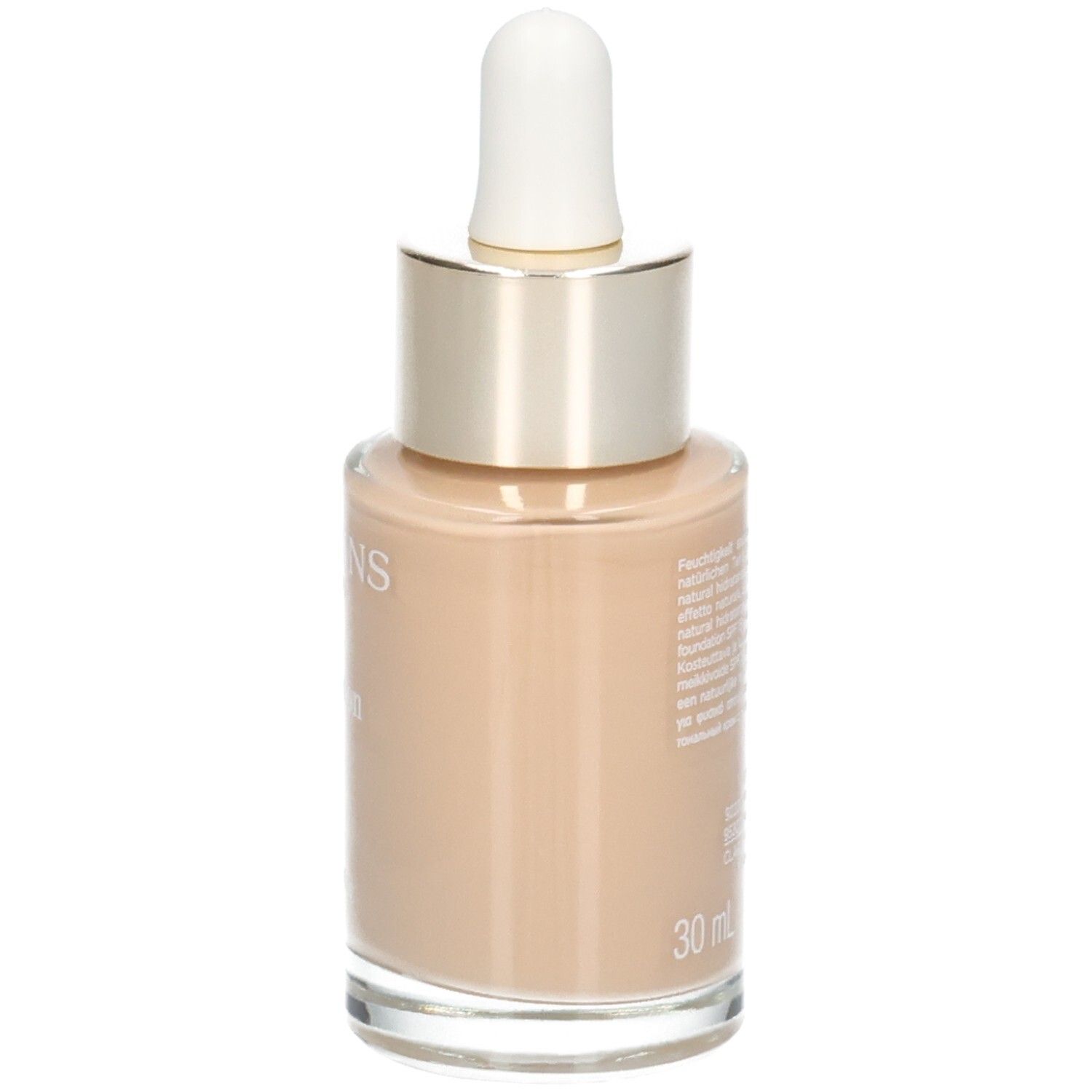 Clarins Skin Illusion Foundation, Seitenansicht. Glasflasche mit Pipette. Farbton 110 Honey.