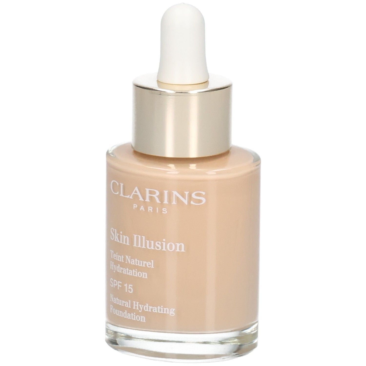 Clarins Skin Illusion Foundation in Glasflasche mit Pipette. Farbton 110 Honey.