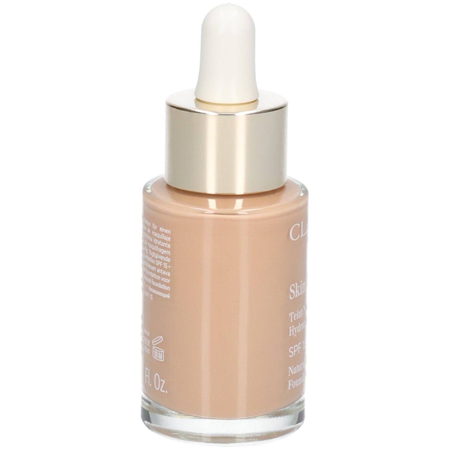 Clarins Skin Illusion Foundation, Farbton 112 Amber, Rückseite mit Produktinformationen.
