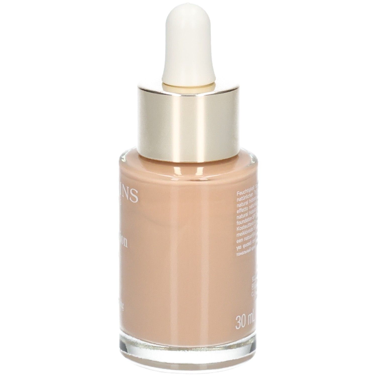 Clarins Skin Illusion Foundation, Farbton 112 Amber, Seitenansicht der Glasflasche.