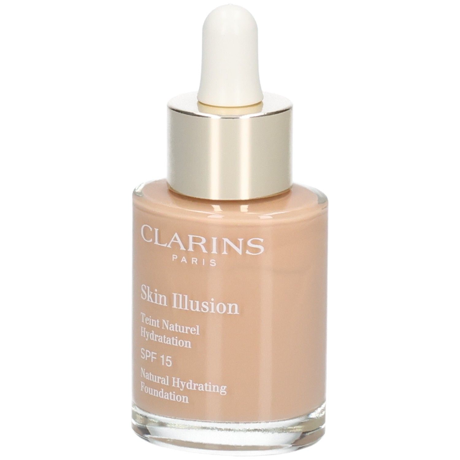 Clarins Skin Illusion Foundation, Farbton 112 Amber, Glasflasche mit Pipette, Vorderansicht.