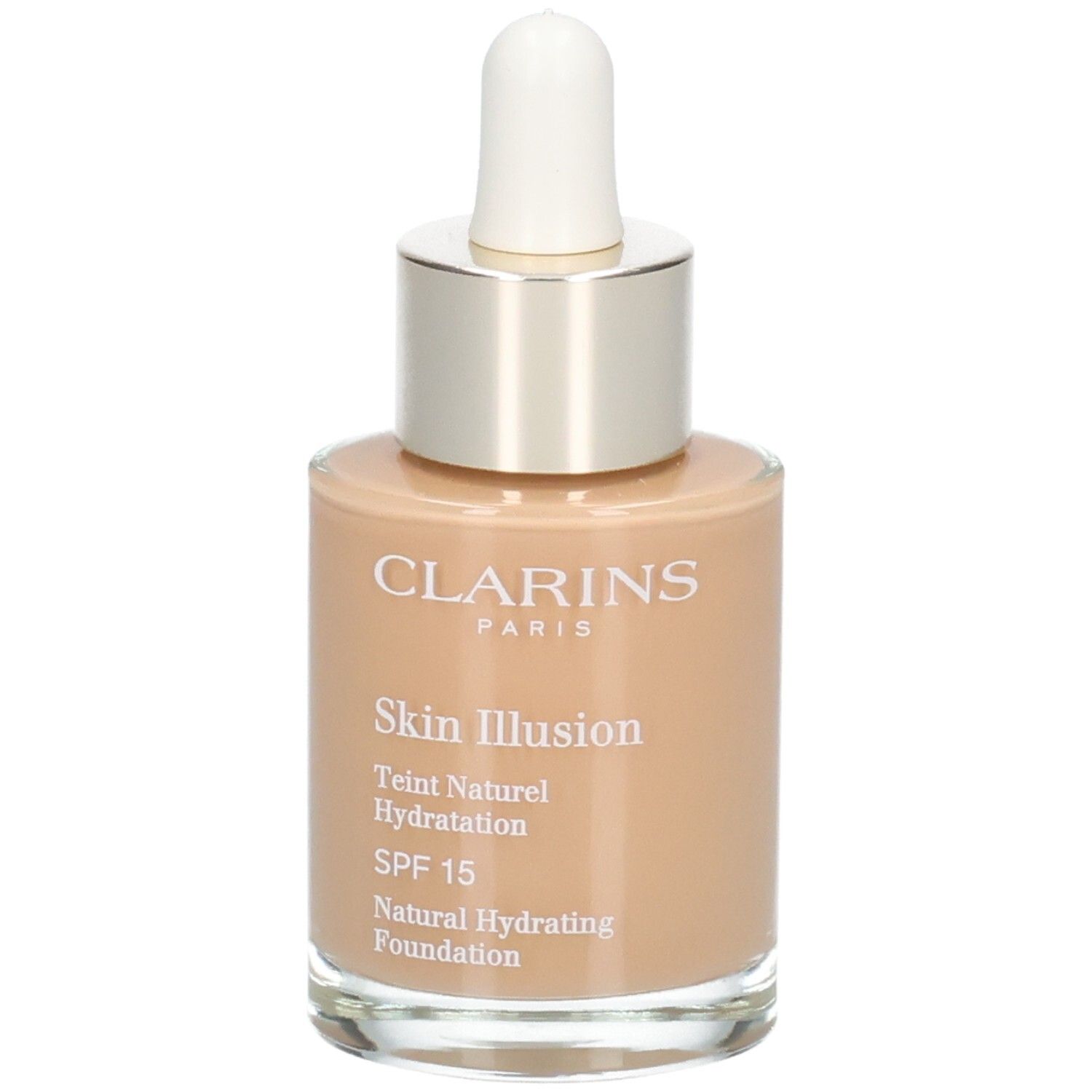Clarins Skin Illusion Foundation in Glasflasche mit Pipette. Natürlicher Farbton, SPF 15.