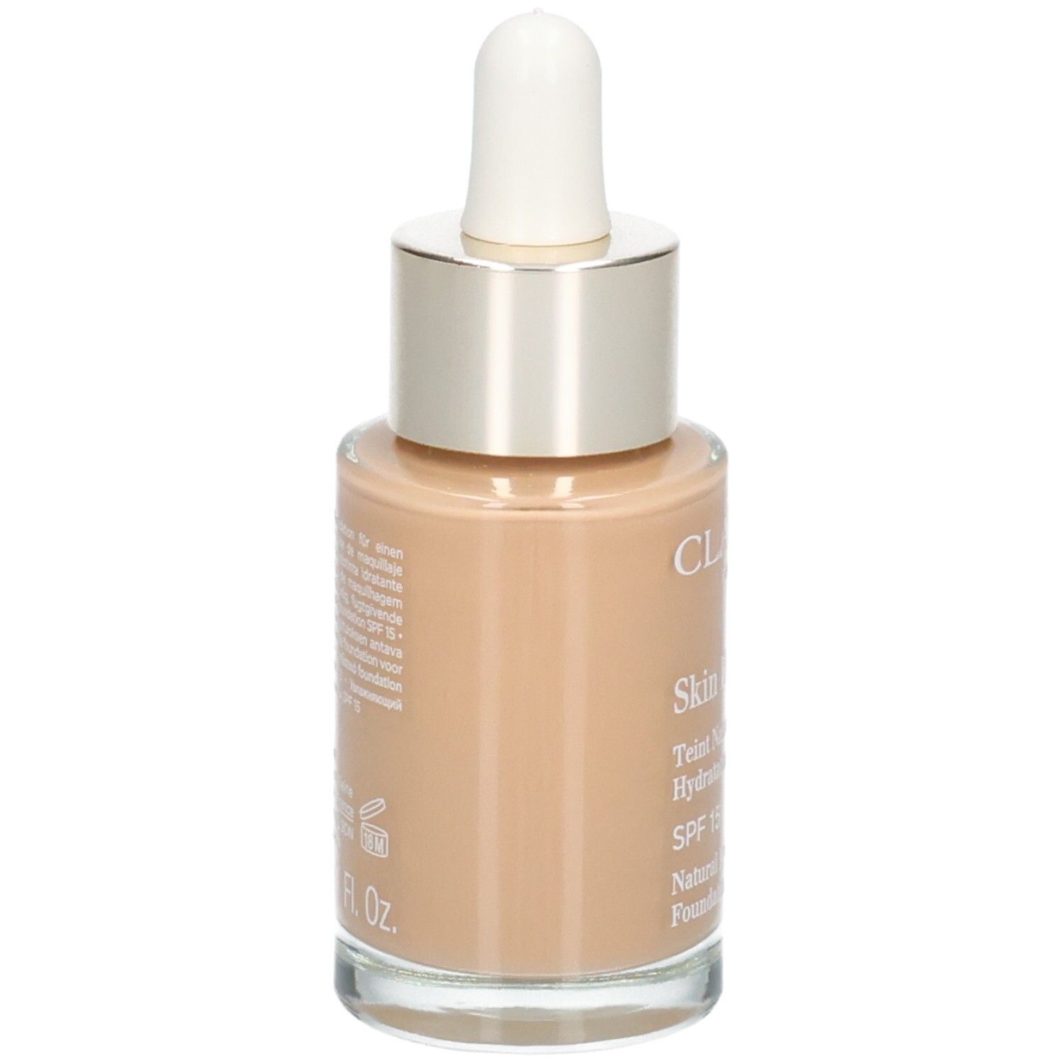 Clarins Skin Illusion Foundation in Glasflasche mit Pipettenapplikator. Natürlicher Farbton, SPF 15.