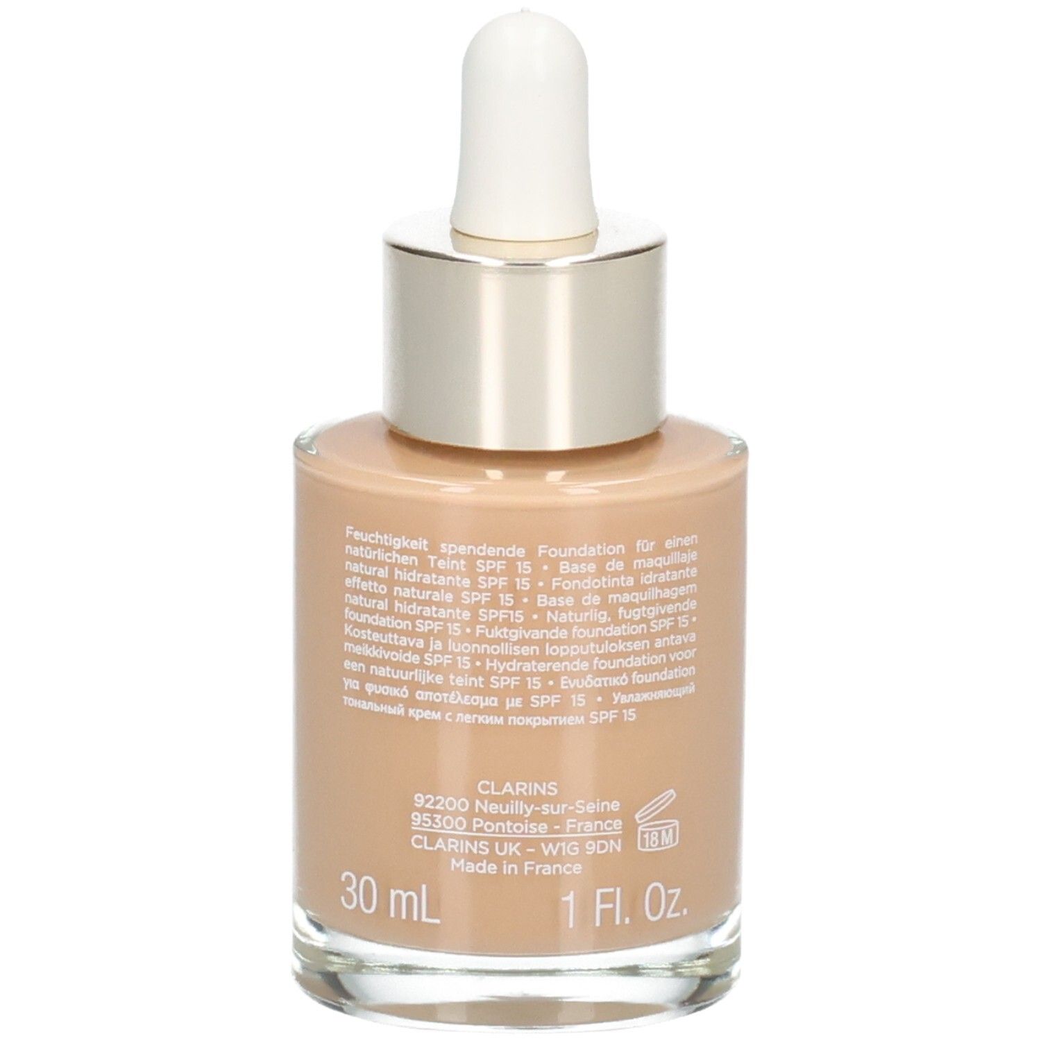 Glasflasche mit beigefarbener Foundation und Pipettenaufsatz. Enthält 30 ml.