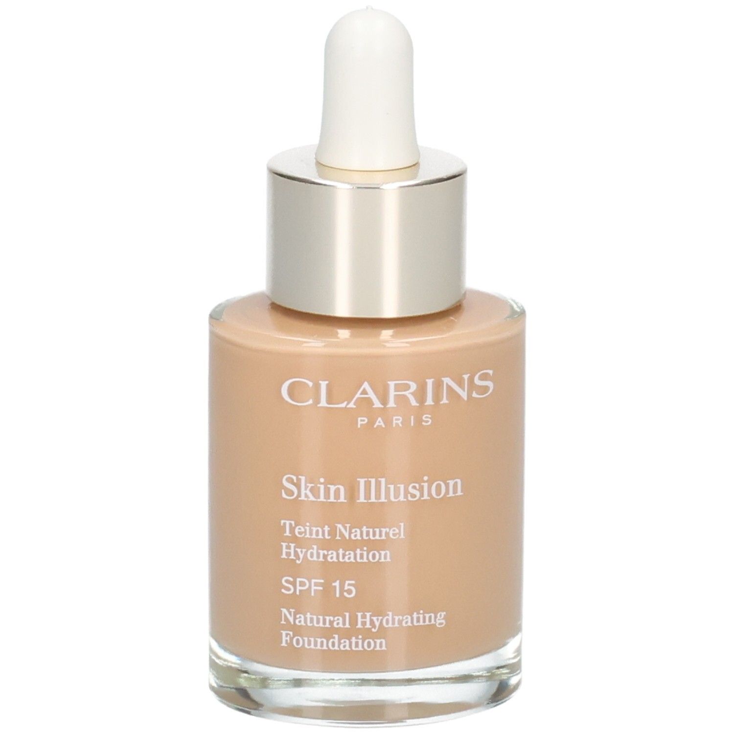 Clarins Skin Illusion Foundation in Glasflasche mit Pipette. Natürliches, hydratisierendes Make-up mit LSF 15.