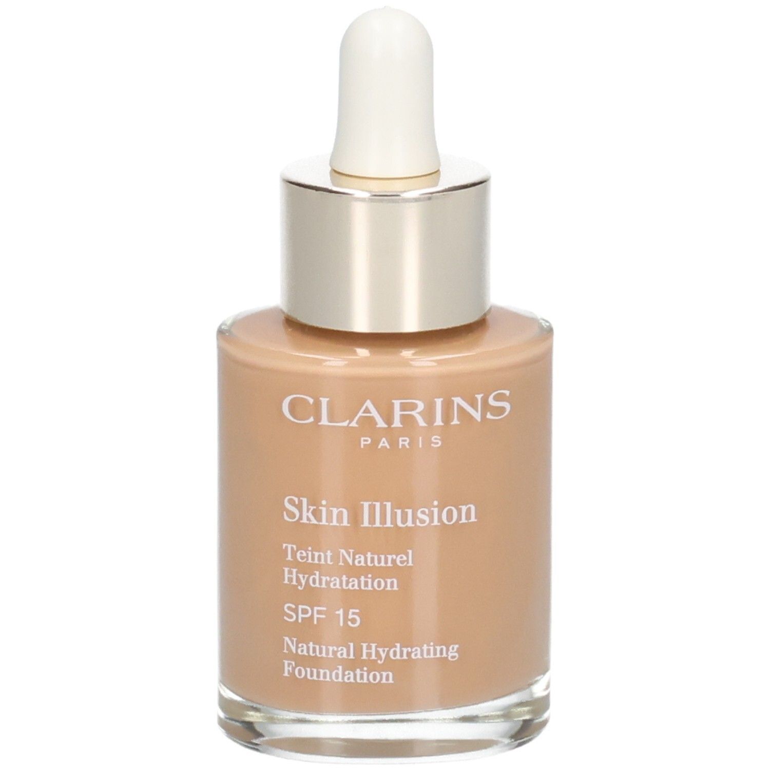 Clarins Skin Illusion Foundation, Farbton 114C Cappuccino, mit Pipette.