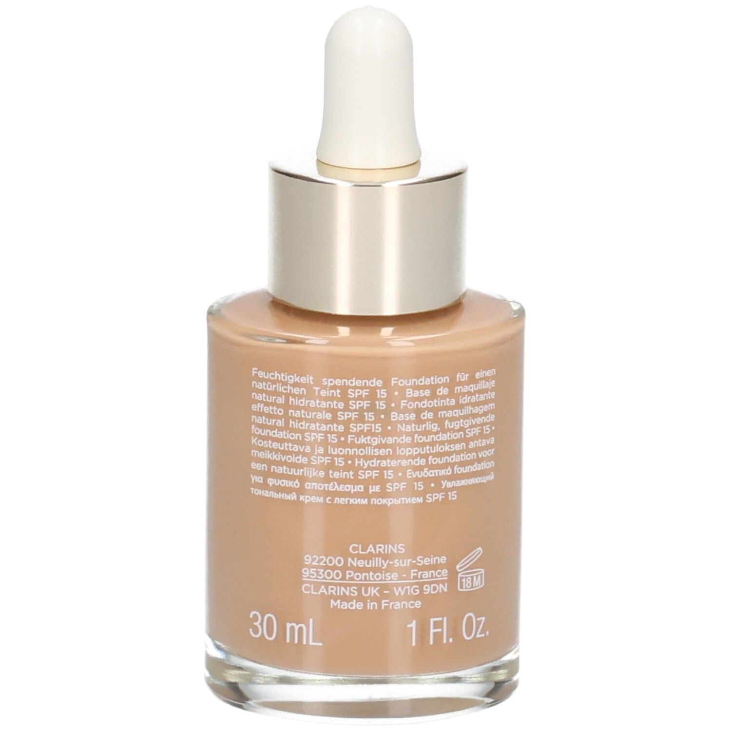Clarins Skin Illusion Foundation, Farbton 114C Cappuccino, 30ml, Made in France.