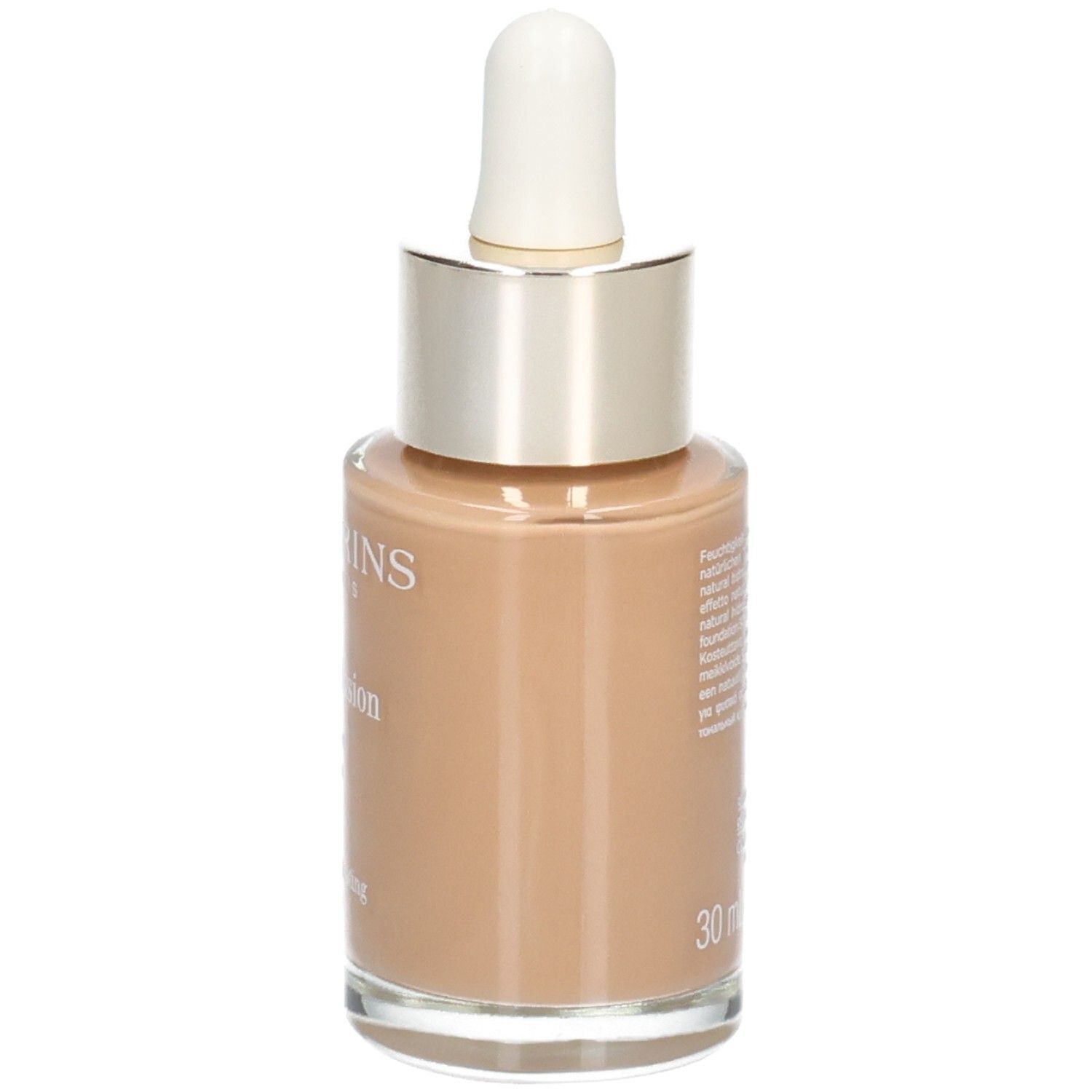 Clarins Skin Illusion Foundation, Farbton 114C Cappuccino, Glasflasche mit Pipette.