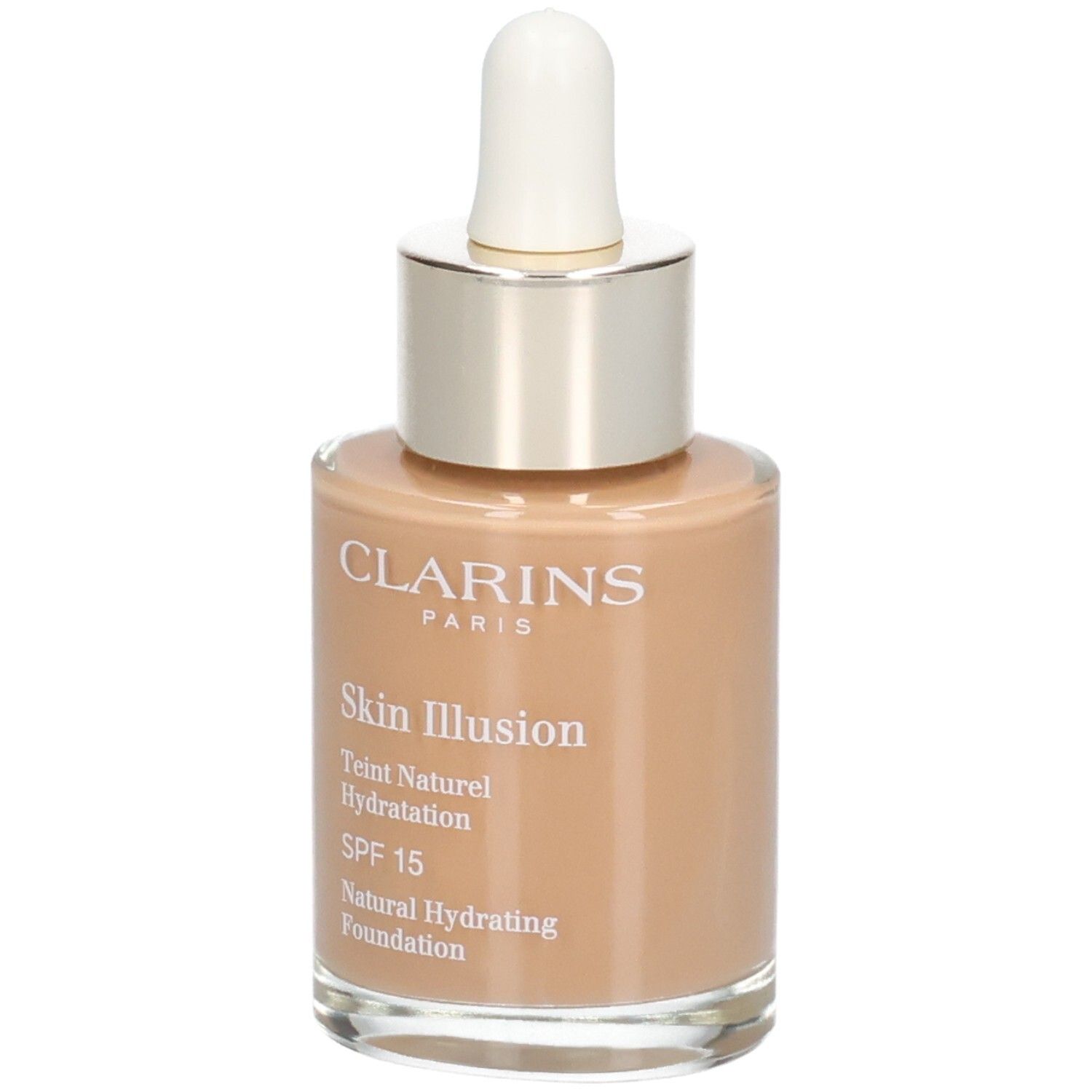 Clarins Skin Illusion Foundation, Farbton 114C Cappuccino, mit Pipette.