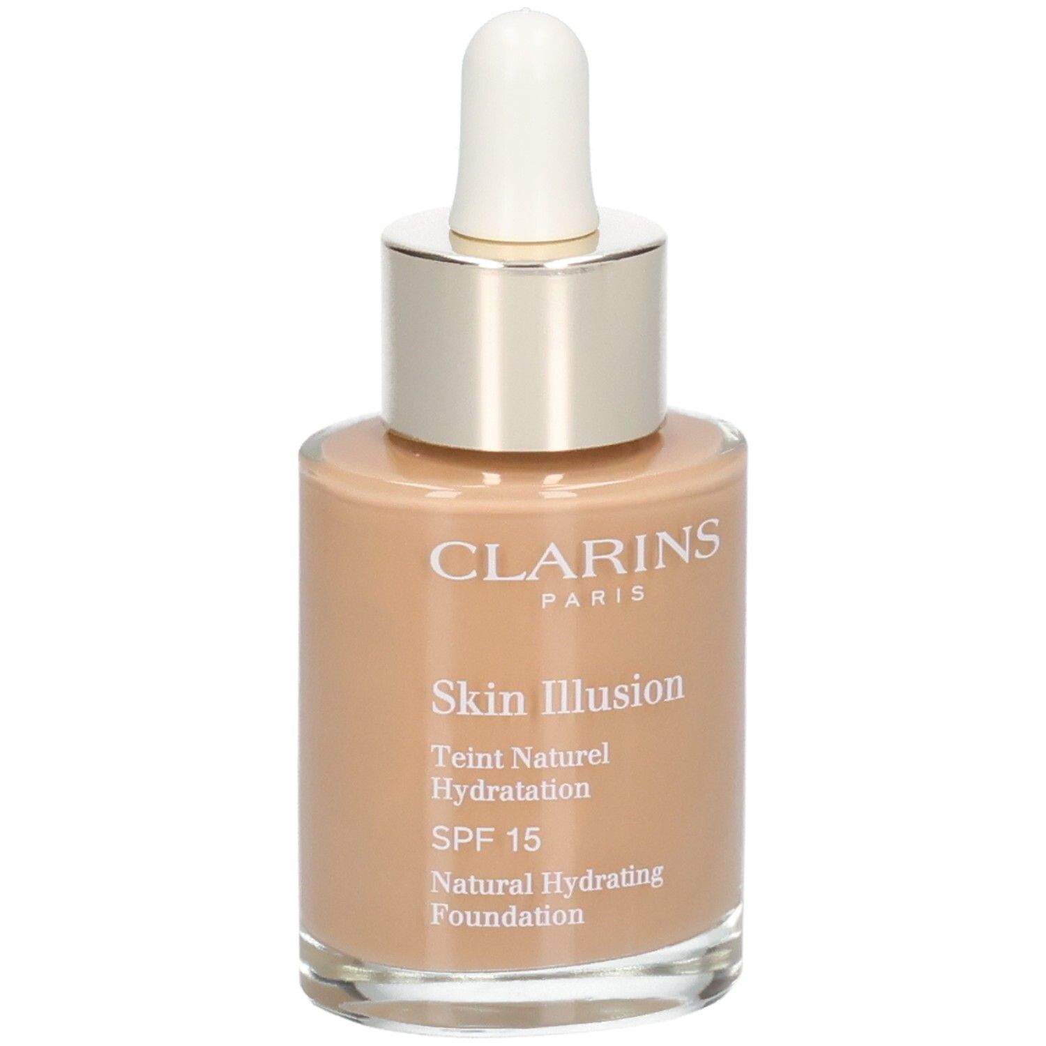 Clarins Skin Illusion Foundation, Farbton 114C Cappuccino, mit Pipette.