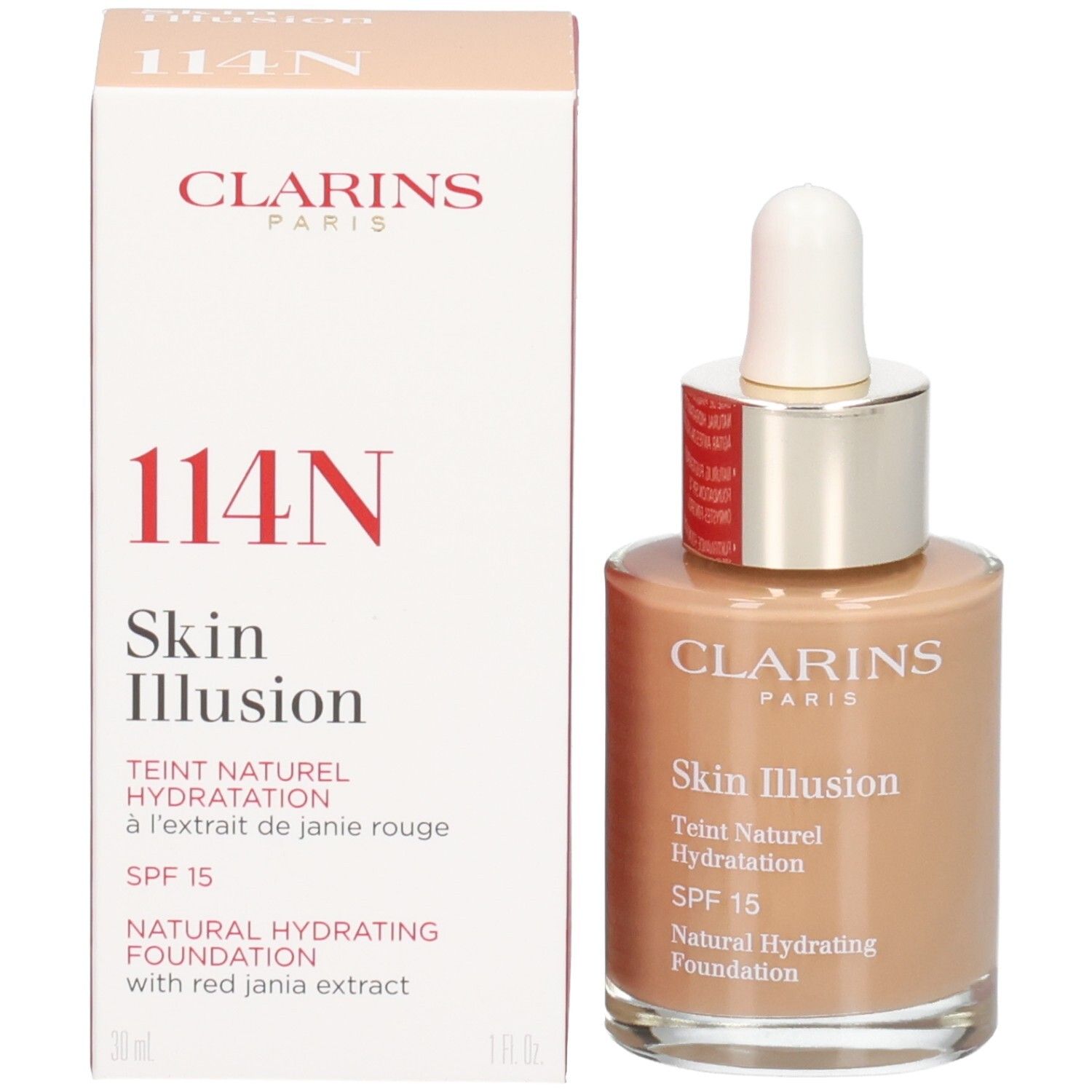 Clarins Skin Illusion Foundation 114C Cappuccino und Umverpackung.