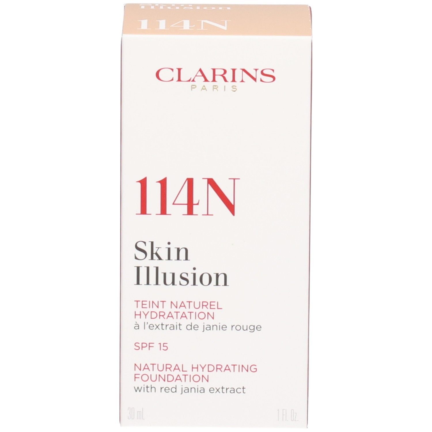 Clarins Skin Illusion Foundation 114C Cappuccino und Umverpackung.