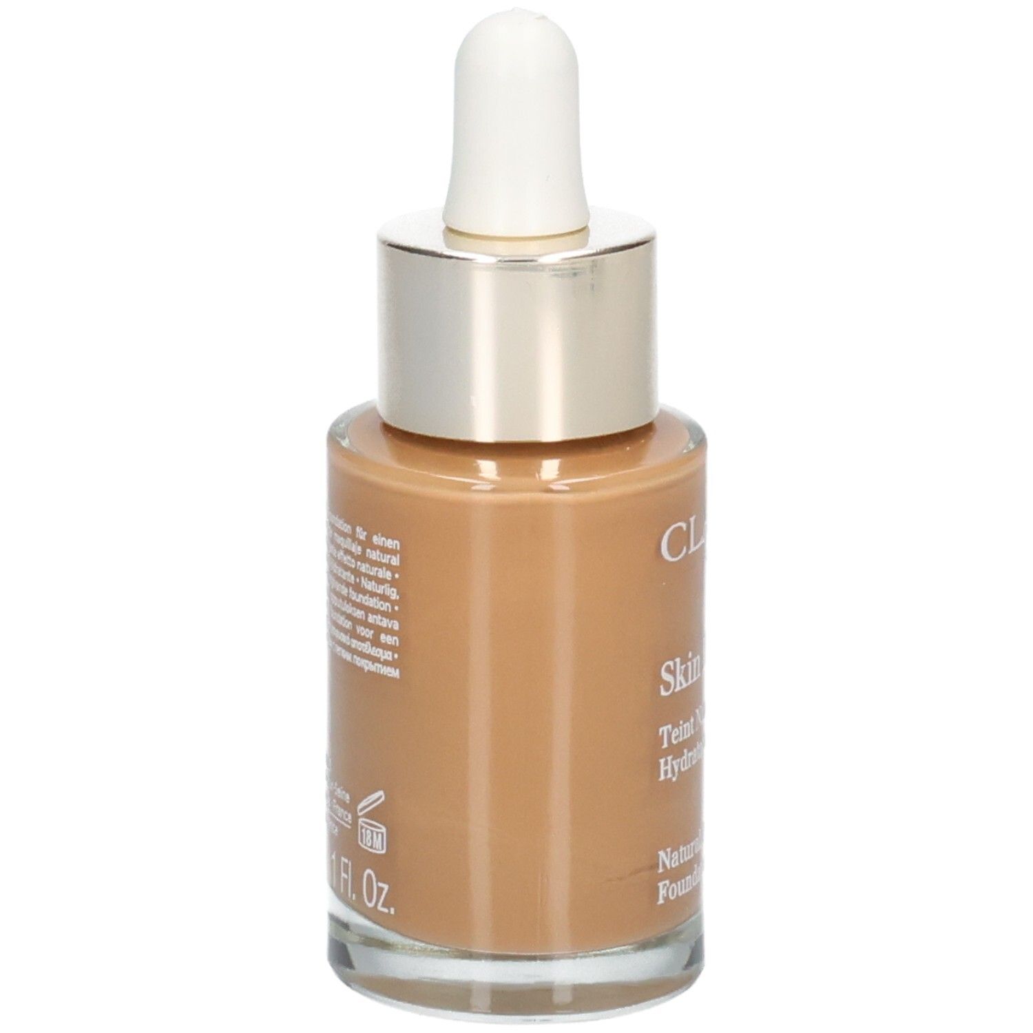 Clarins Skin Illusion Foundation, Rückseite der Glasflasche mit Pipette, Farbton 116.5 Coffee.