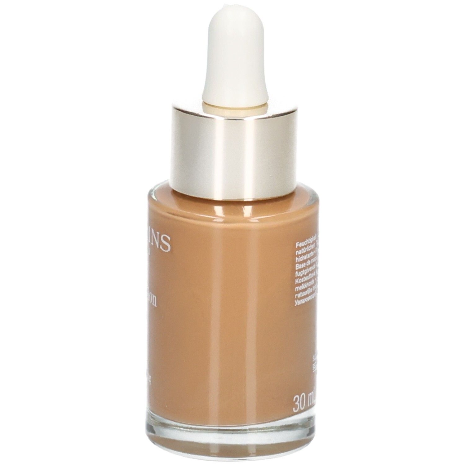 Clarins Skin Illusion Foundation, Glasflasche mit Pipette, Seitenansicht, Farbton 116.5 Coffee.