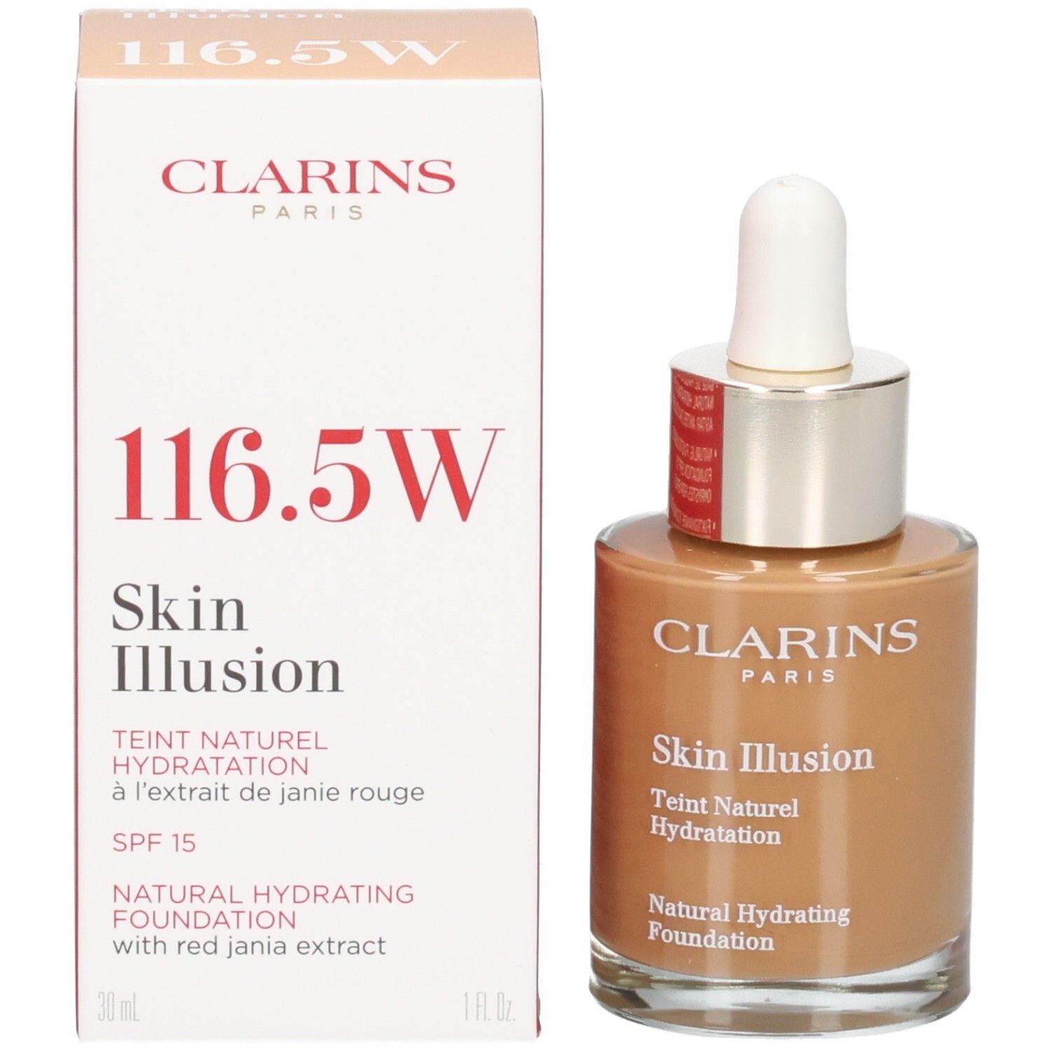 Clarins Skin Illusion Foundation 116.5W und Verpackung, Teint Naturel Hydratation, SPF 15.