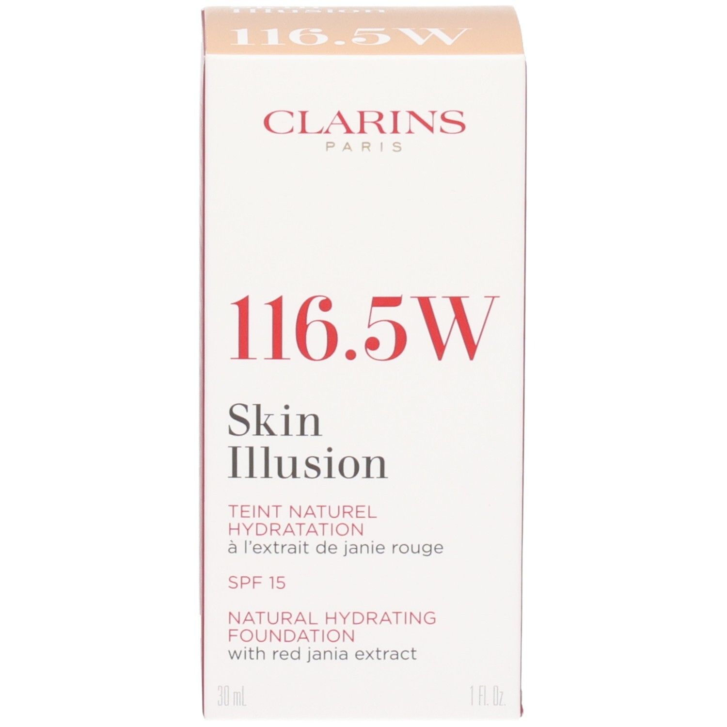 Clarins Skin Illusion Foundation 116.5W und Verpackung, Teint Naturel Hydratation, SPF 15.