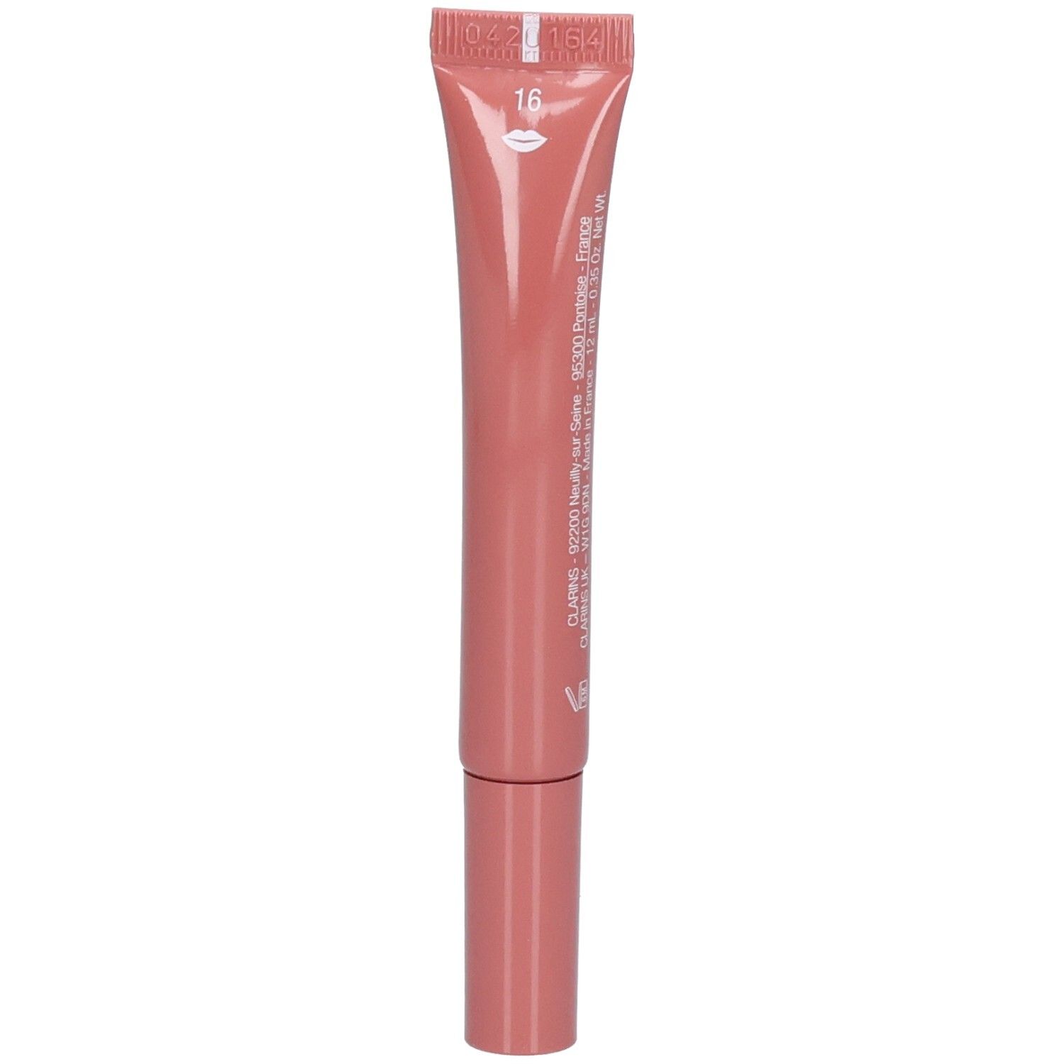 Rückseite des Clarins Lip Perfector Röhrchens mit Nummer 16 und Produktinformationen.