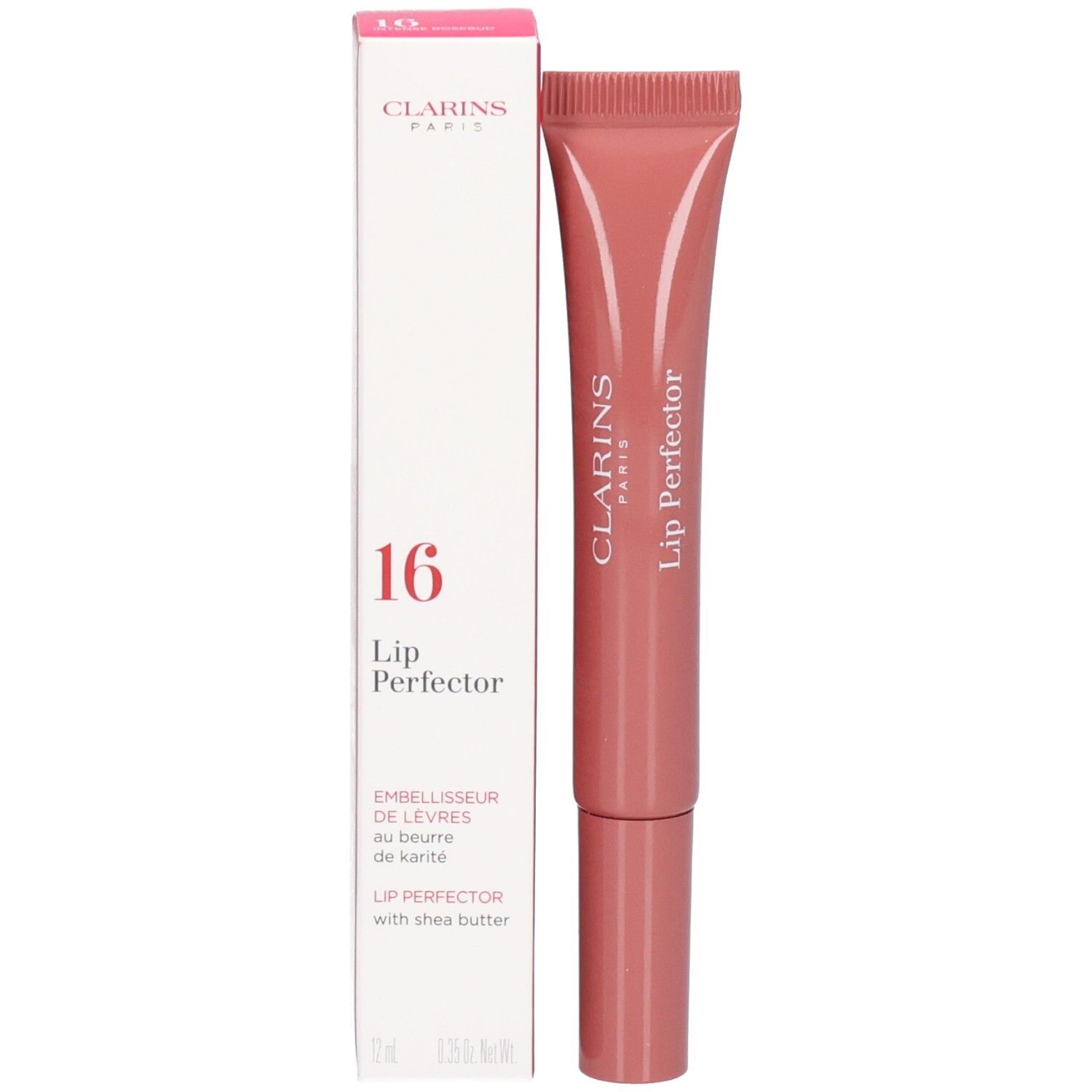 Clarins Lip Perfector 16 mit rosafarbener Verpackung und Röhrchen.