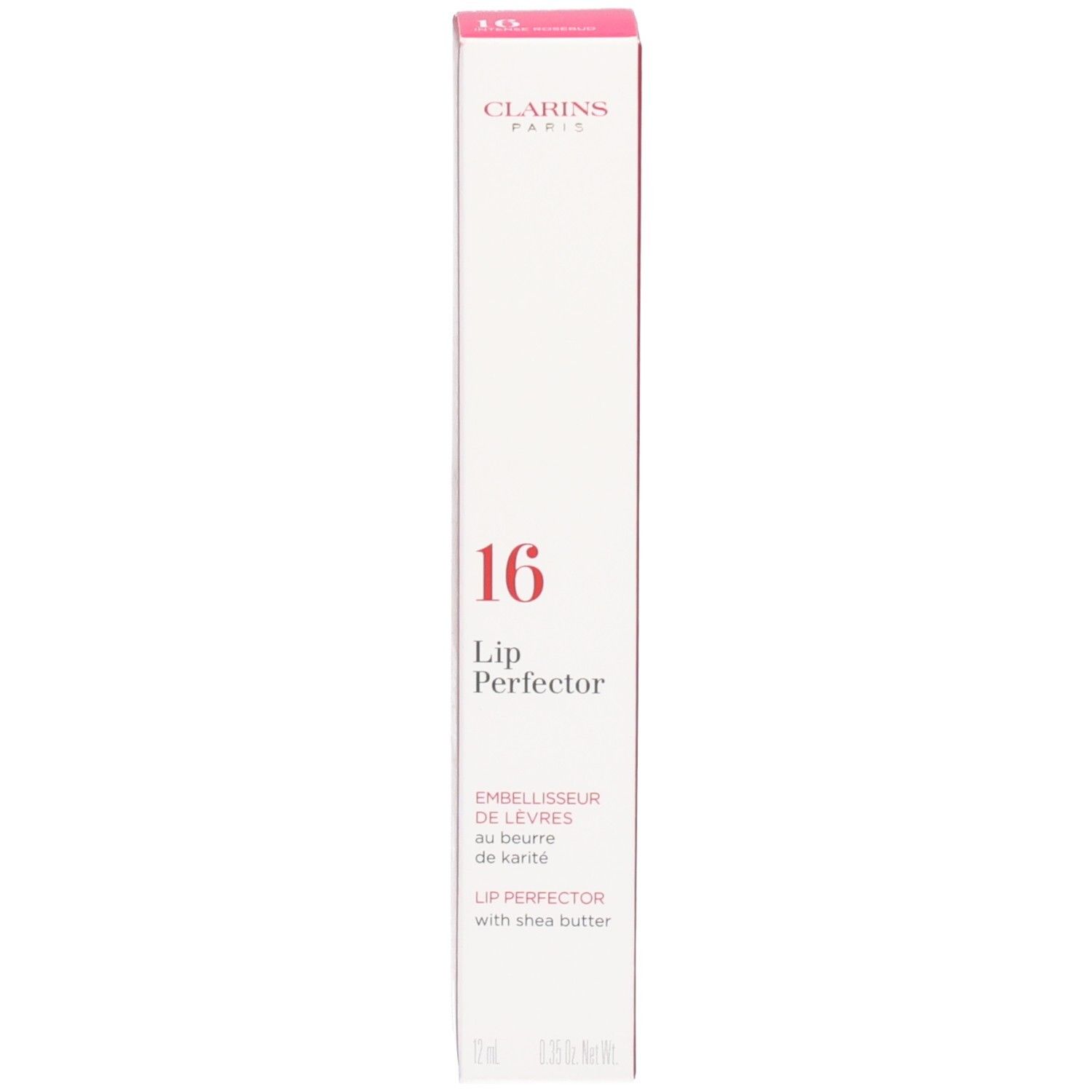 Verpackung des Clarins Lip Perfector 16 mit Produktinformationen.