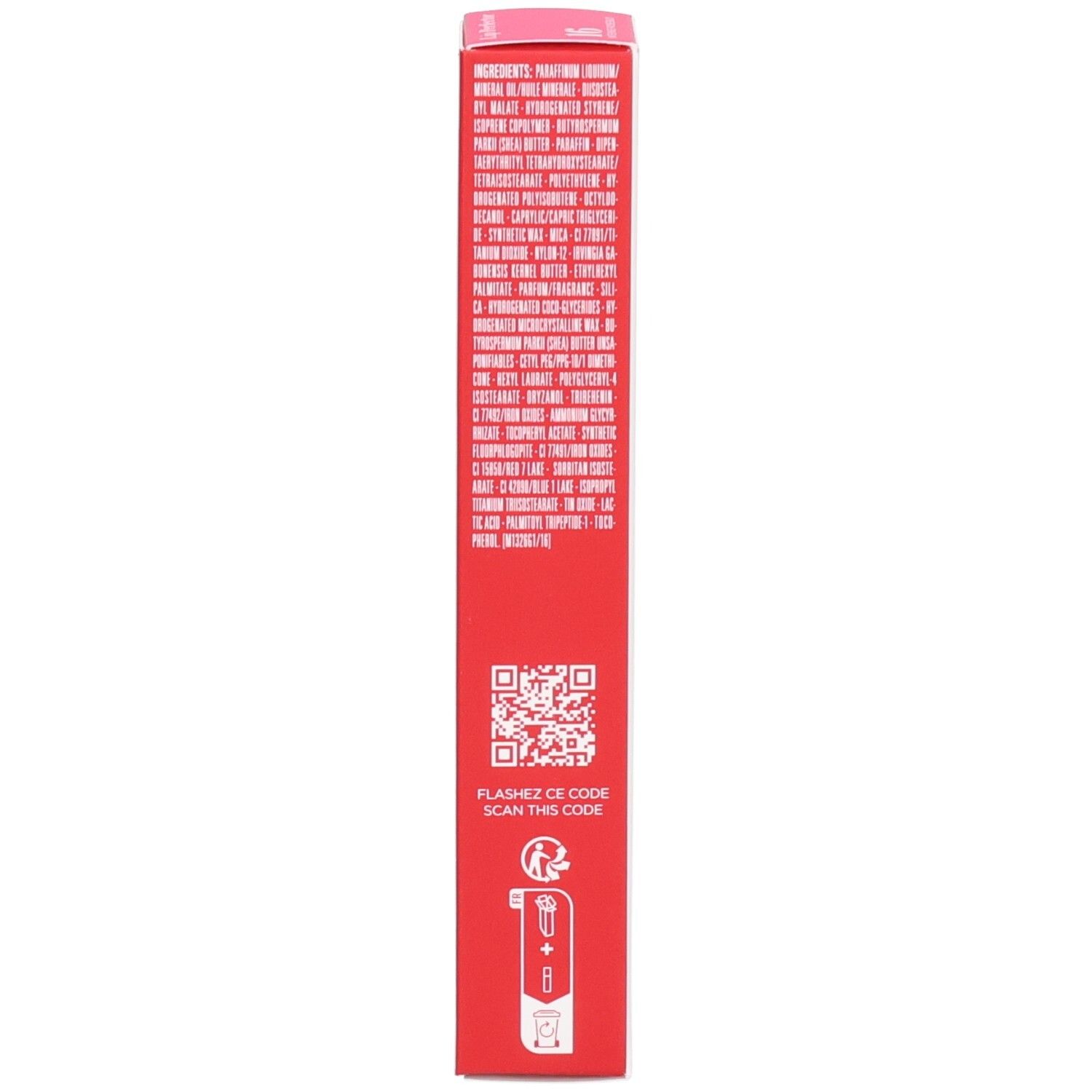 Seite der Clarins Lip Perfector Verpackung mit Inhaltsstoffen und QR-Code.