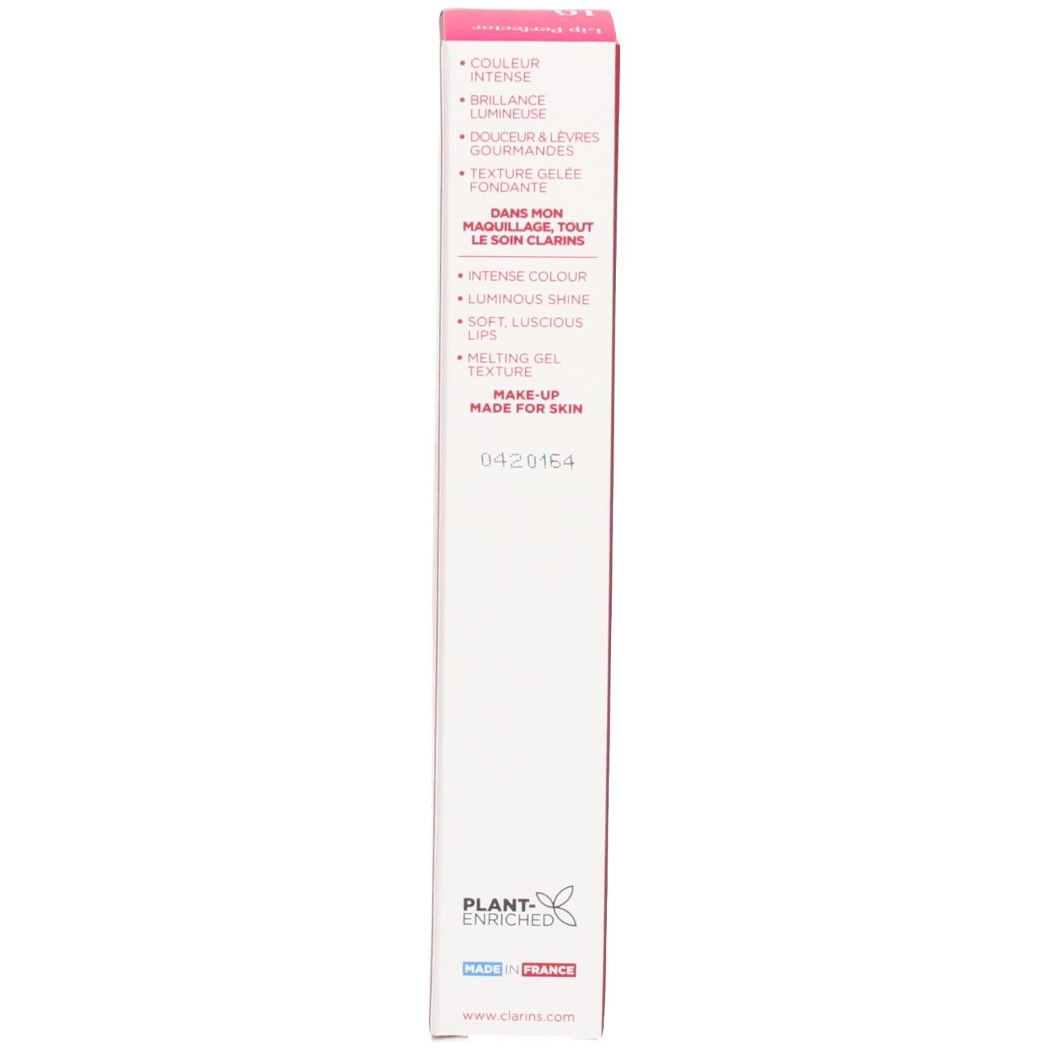 Seite der Clarins Lip Perfector Verpackung mit Produktmerkmalen und 'Plant Enriched'.
