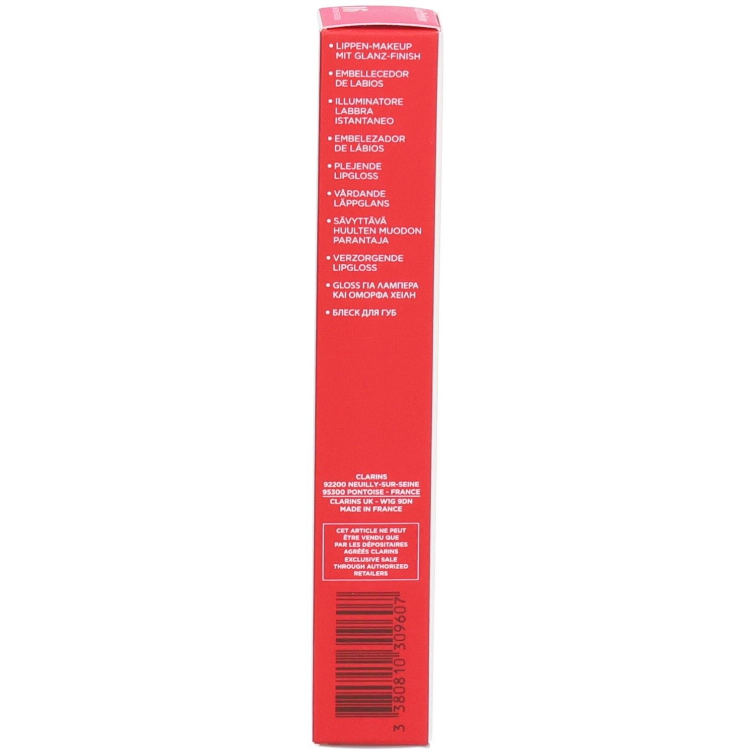 Seite der Clarins Lip Perfector Verpackung mit Produktvorteilen in mehreren Sprachen.