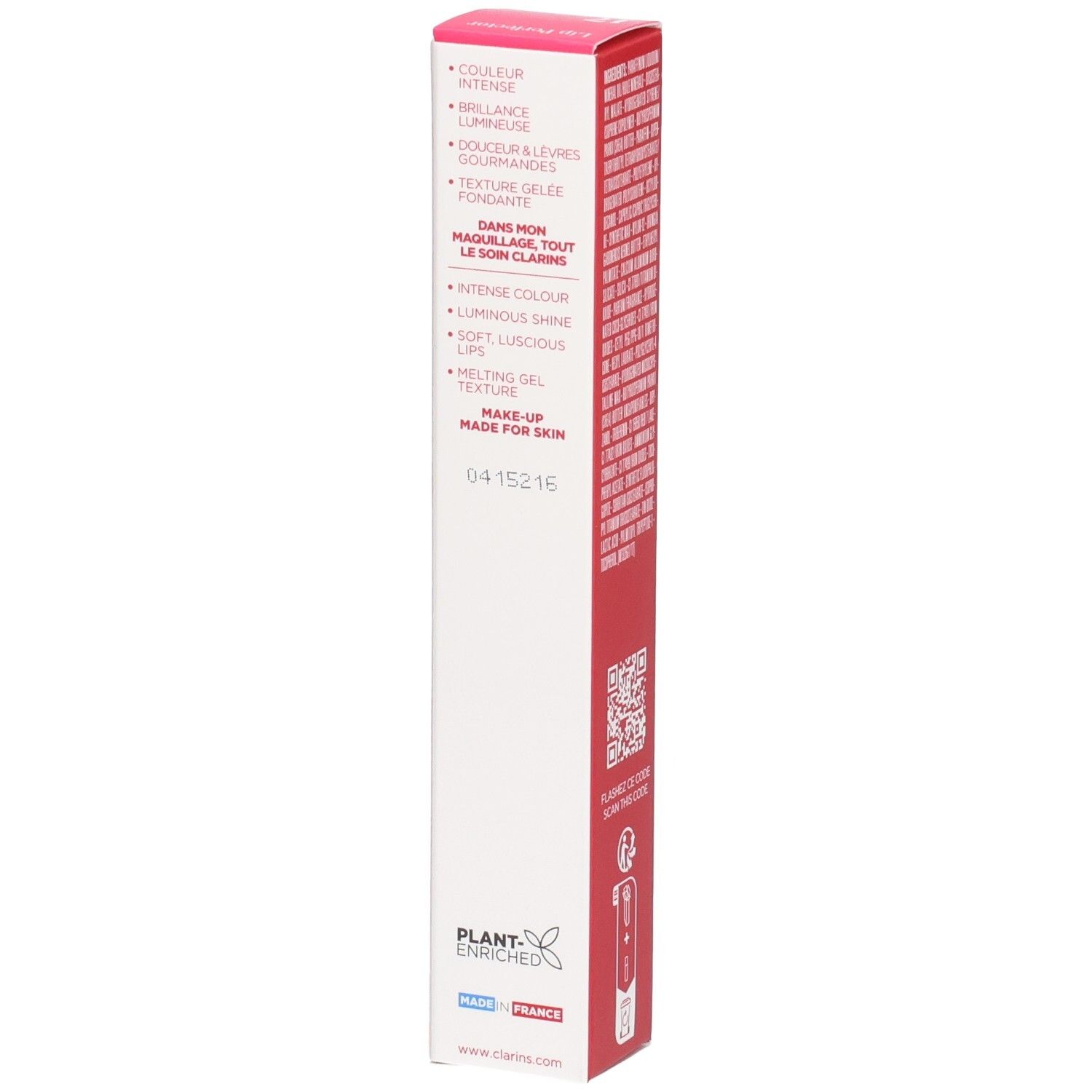 Clarins Lip Perfector 17 Verpackung mit Produktmerkmalen und Herkunftsangabe.