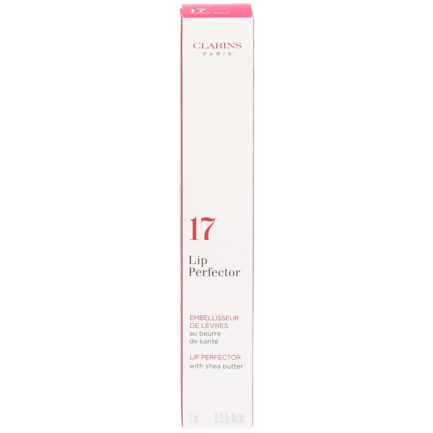 Clarins Lip Perfector 17 in rosa Verpackung, Vorderseite mit Nummer 17.