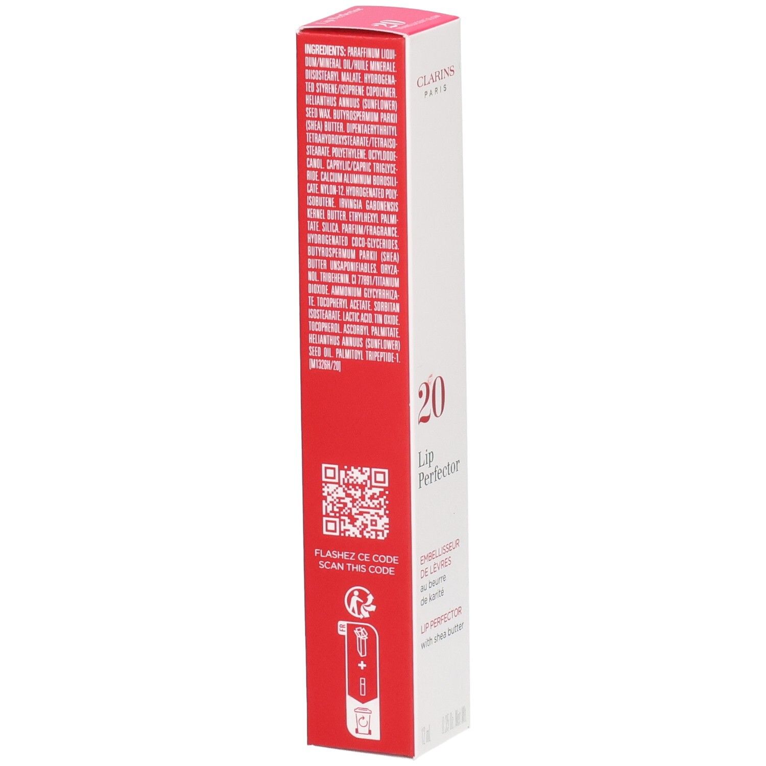 Clarins Lip Perfector 20 Faltschachtel, Seite mit Inhaltsstoffen und QR-Code.