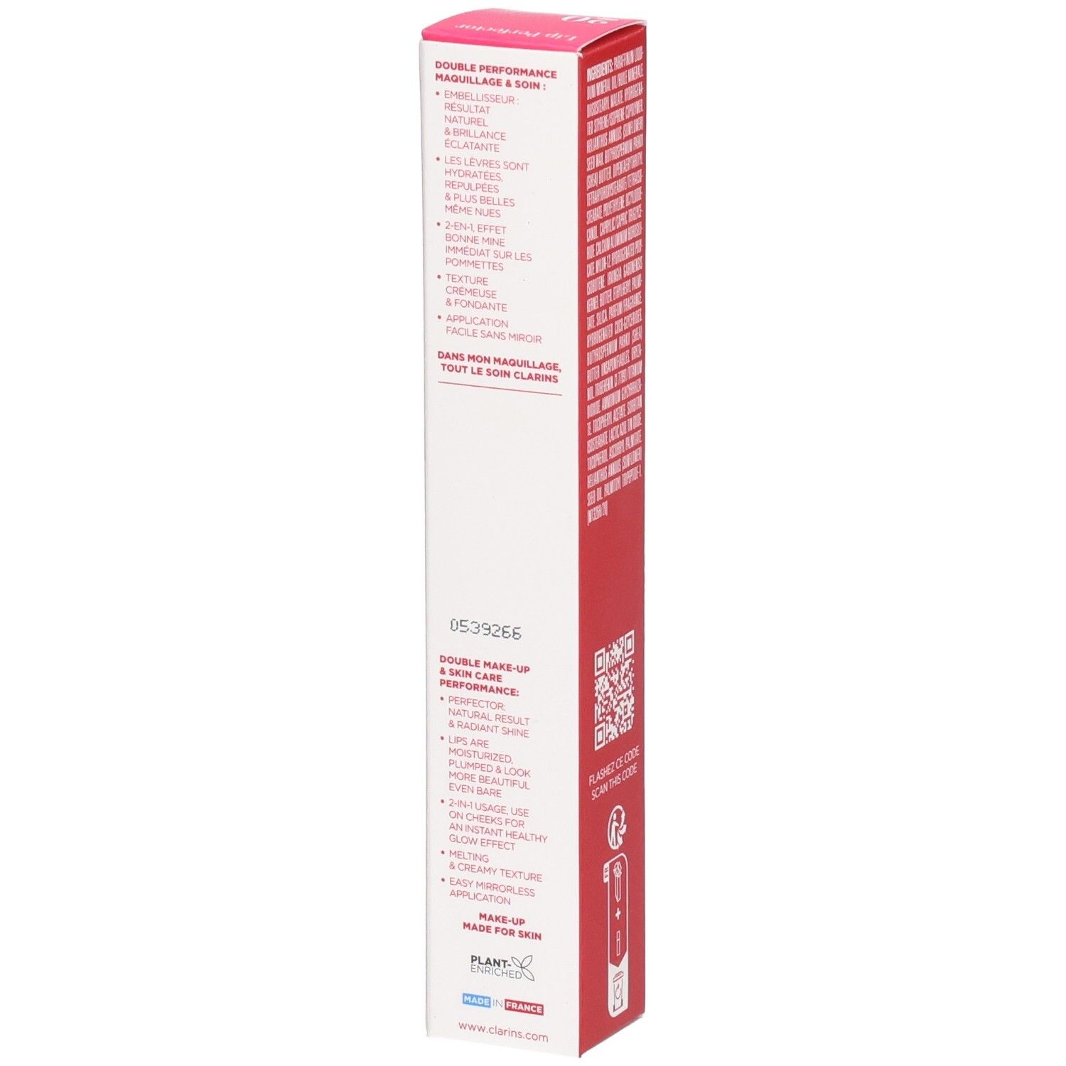 Clarins Lip Perfector 20 Faltschachtel, Seite mit Produktvorteilen und Herkunftsangabe.