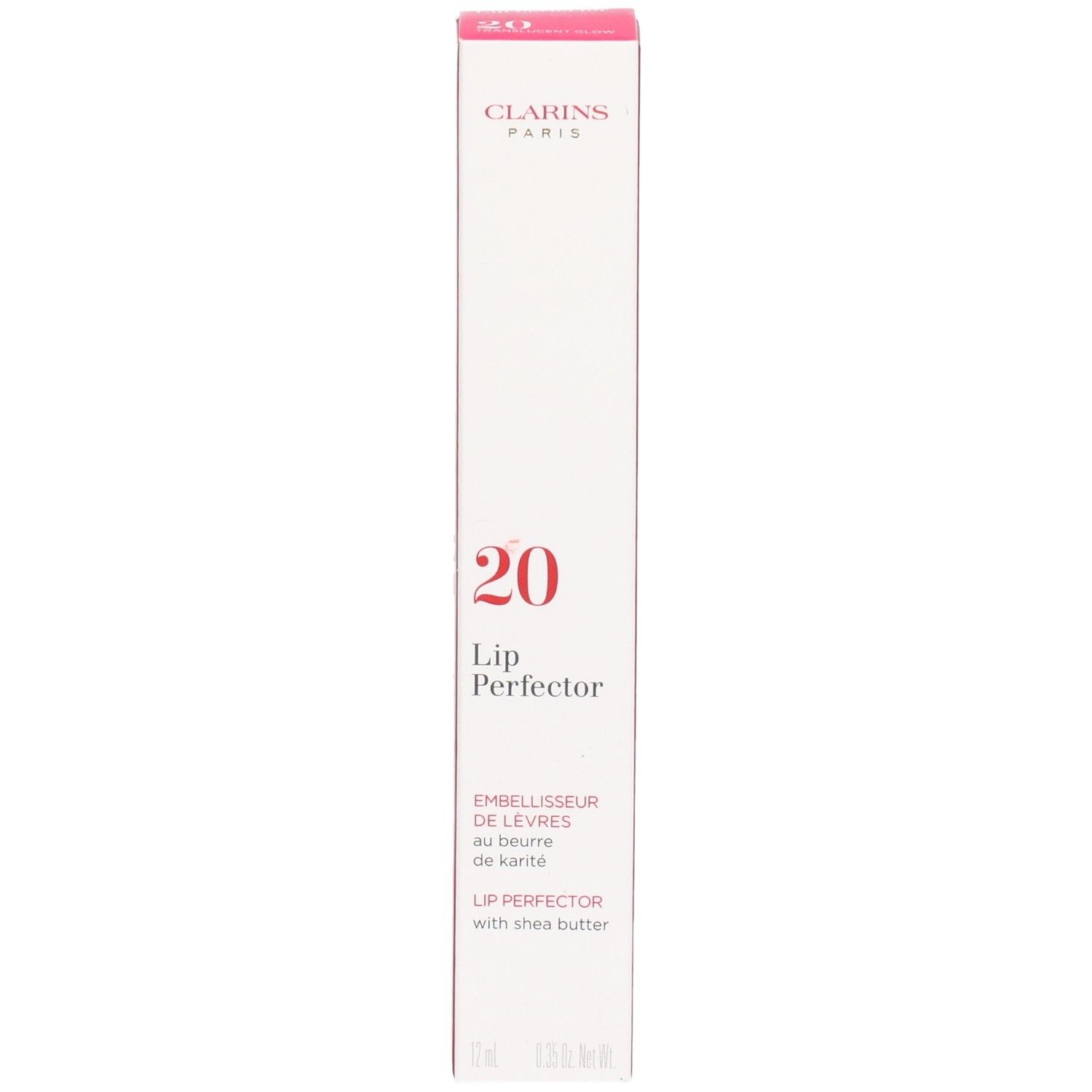 Clarins Lip Perfector 20 in Faltschachtel, Vorderseite mit Produktnummer und Namen.