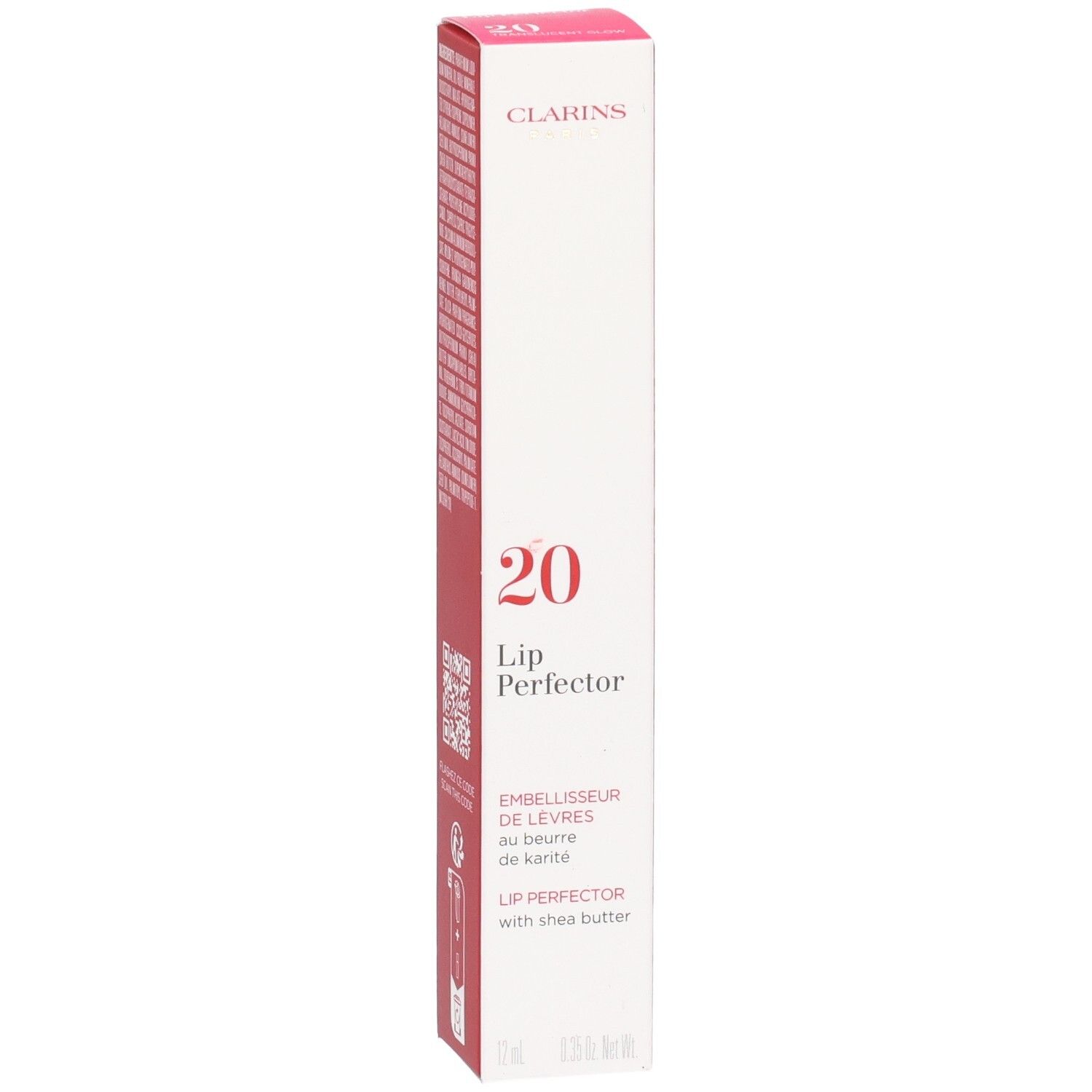 Clarins Lip Perfector 20 Faltschachtel, Vorderseite mit Produktnummer und Namen.