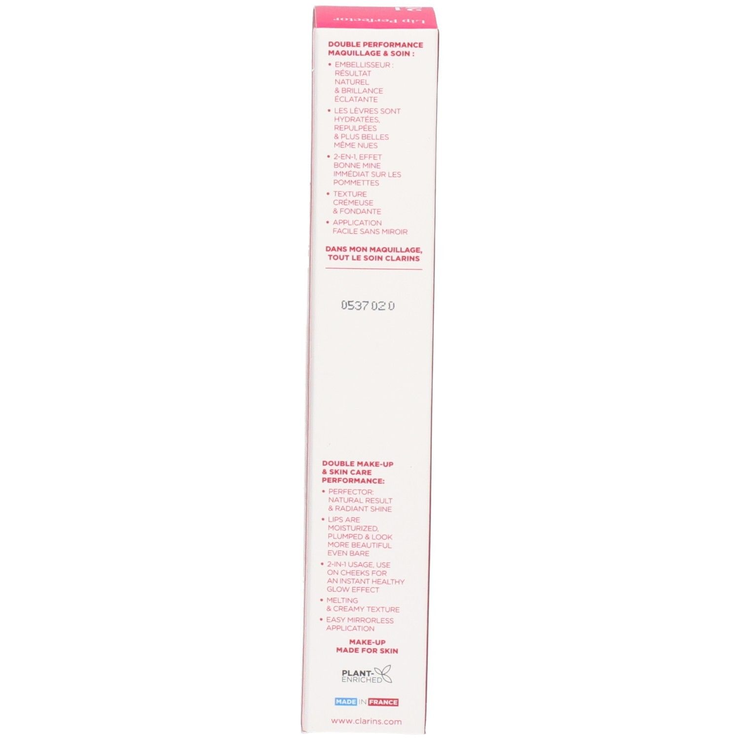 Verpackung mit Produktinformationen in Französisch und Englisch. Enthält Text über Make-up und Hautpflege.