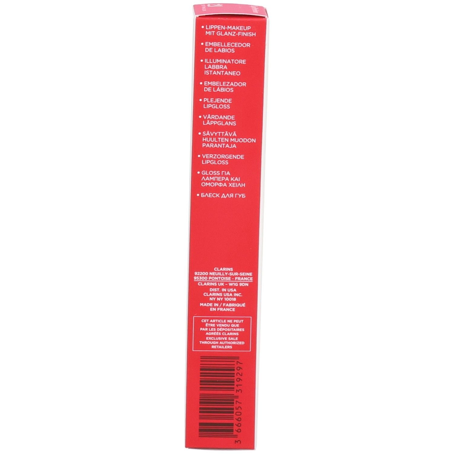 Rote Verpackung mit Produktinformationen für Lipgloss.