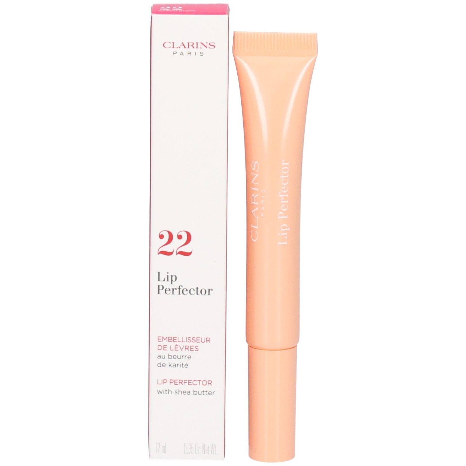 Clarins Lip Perfector (Nr. 22) mit Umverpackung, enthält Sheabutter.
