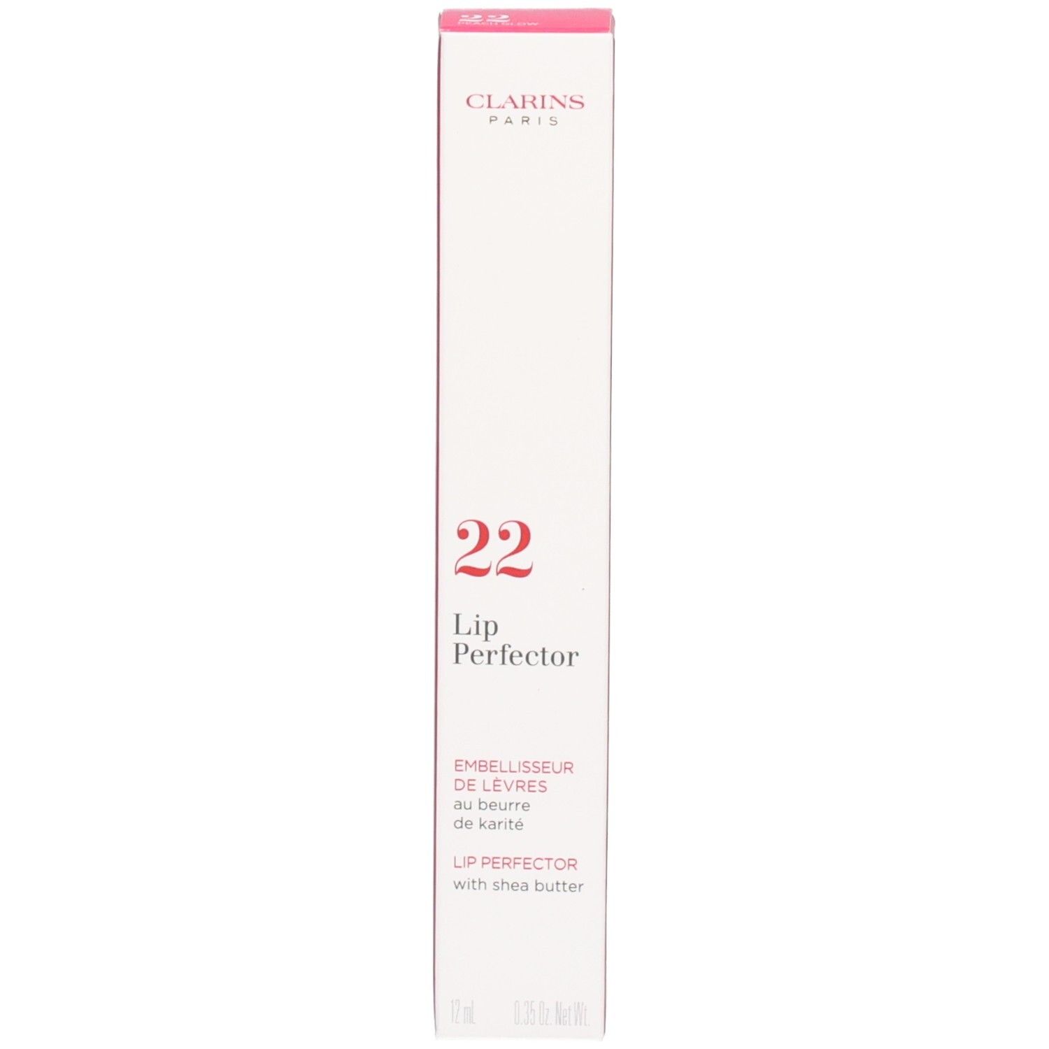 Clarins Lip Perfector Umverpackung mit Produktinformationen und QR-Code.
