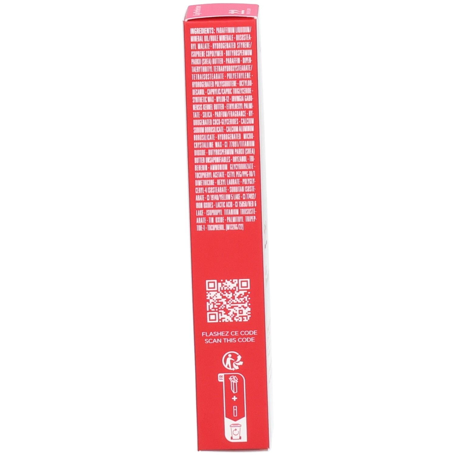 Clarins Lip Perfector Umverpackung, Seite mit Anwendungshinweisen und Inhaltsstoffen.