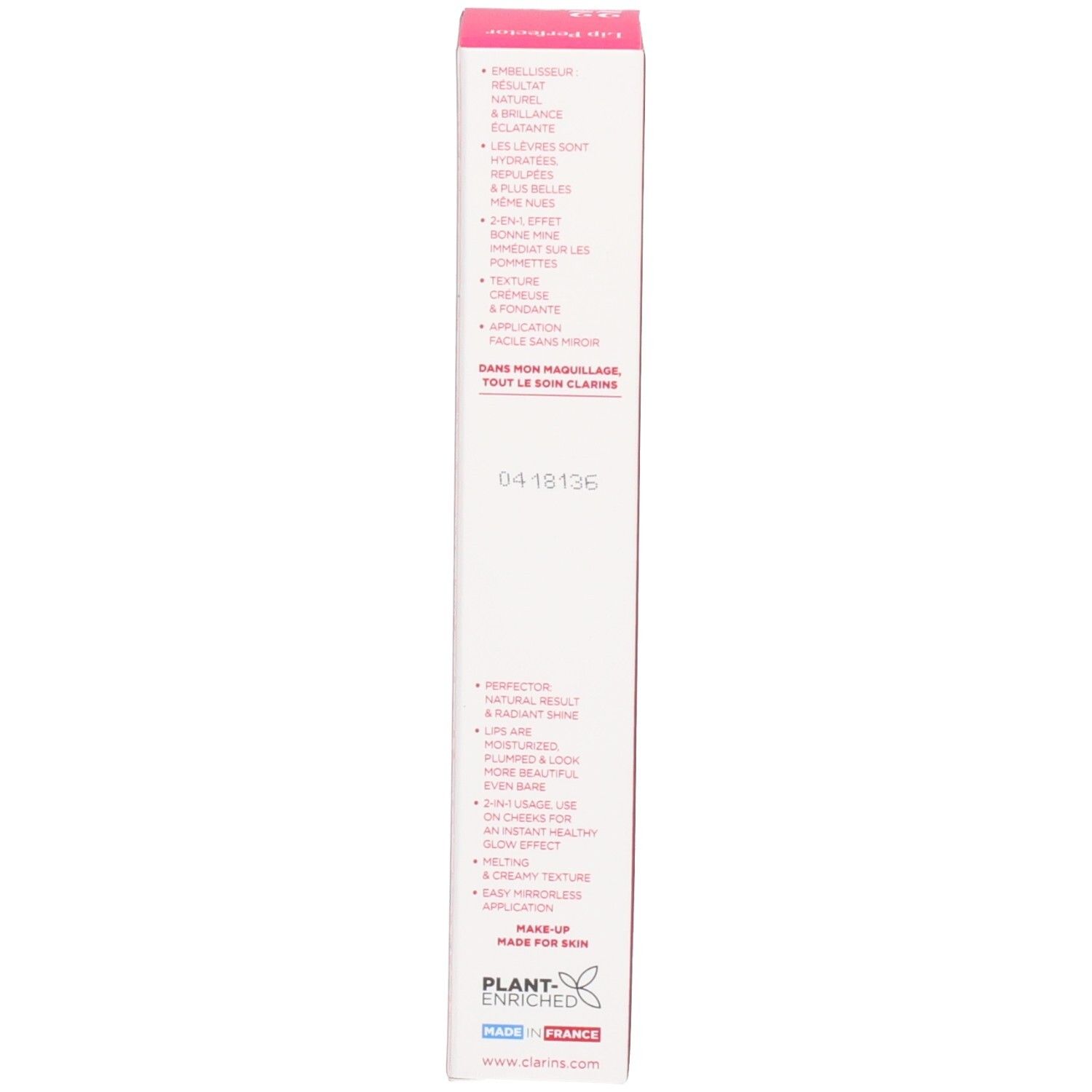 Clarins Lip Perfector Umverpackung, Seite mit Produktvorteilen und 'Plant-Enriched'.