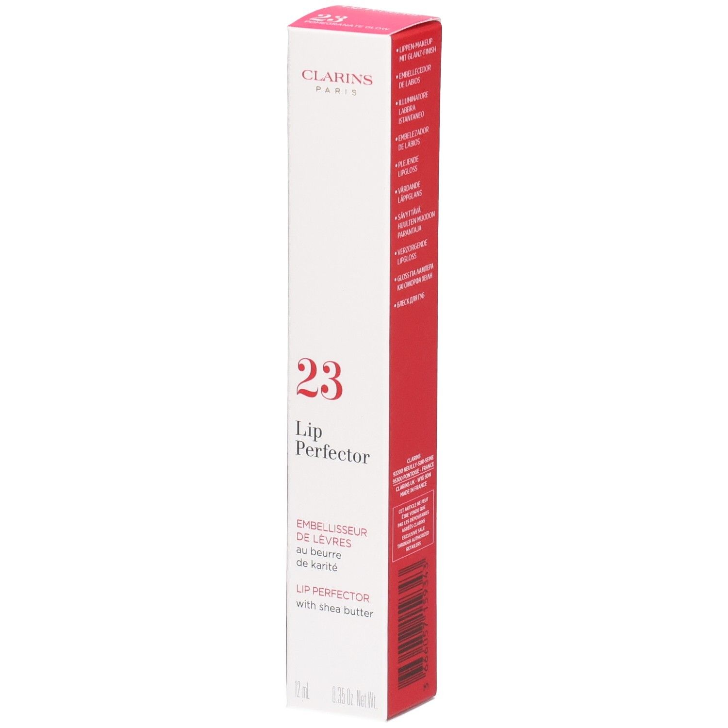 Clarins Lip Perfector 23 Umverpackung mit Produktinformationen und Barcode.