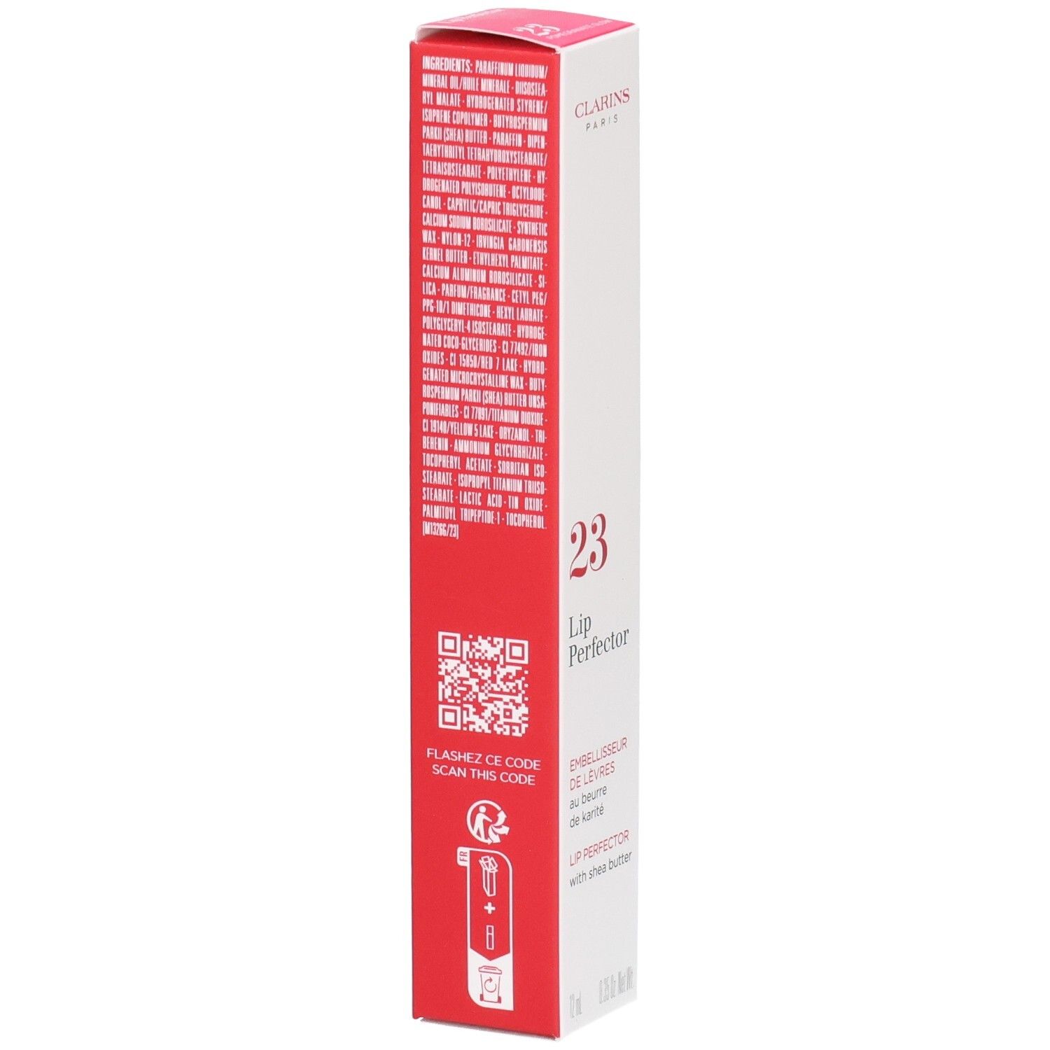 Clarins Lip Perfector 23 Umverpackung mit Inhaltsstoffen, QR-Code und Anwendungshinweisen.