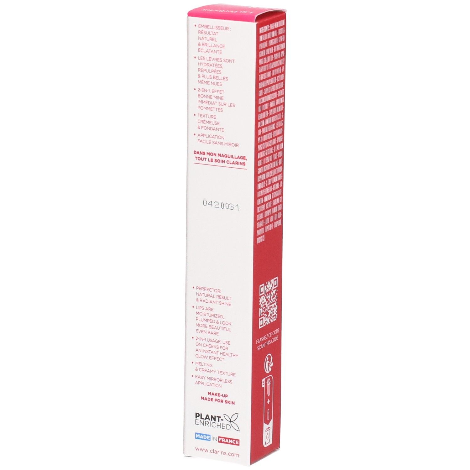 Clarins Lip Perfector 23 Umverpackung mit Produktvorteilen und Herkunftsangabe.