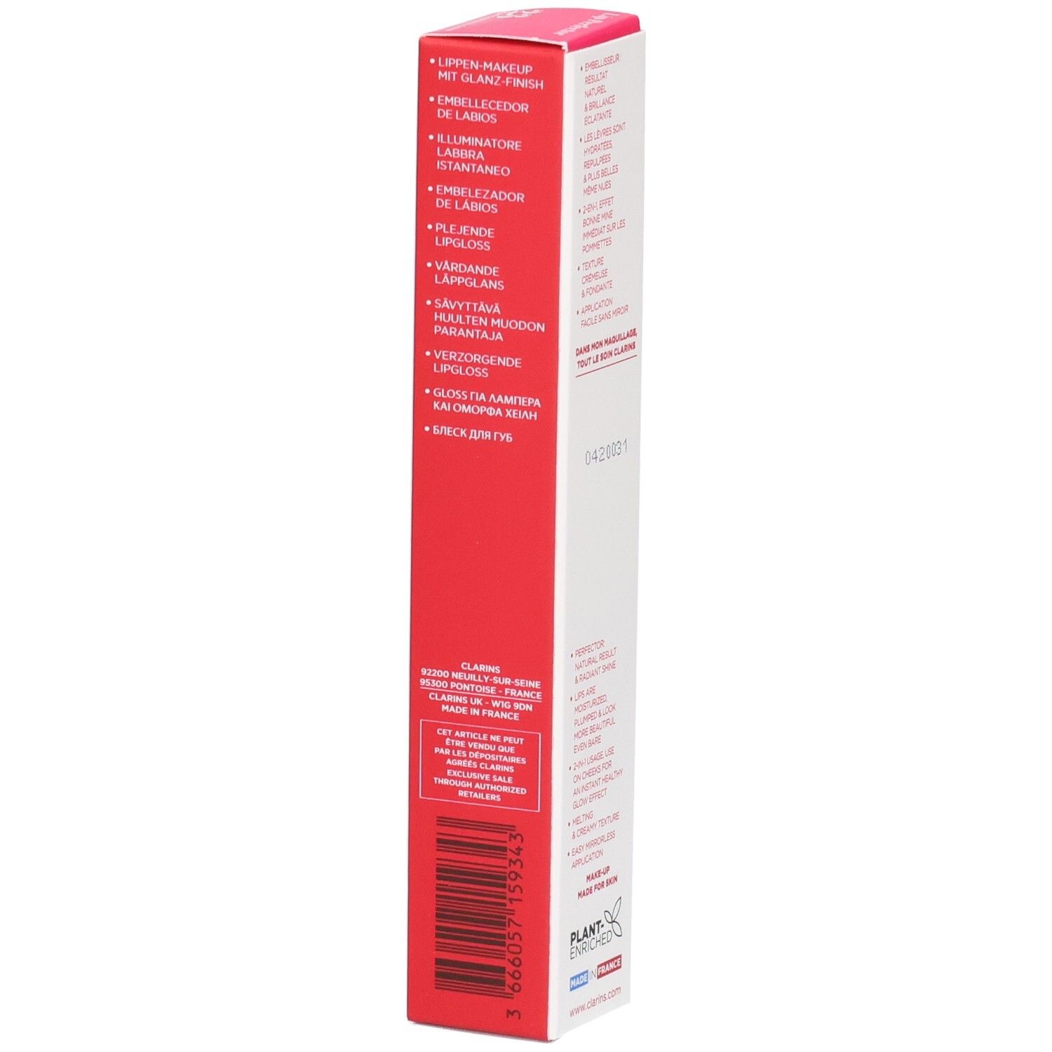Clarins Lip Perfector 23 Umverpackung mit Produktbeschreibung in mehreren Sprachen und Barcode.