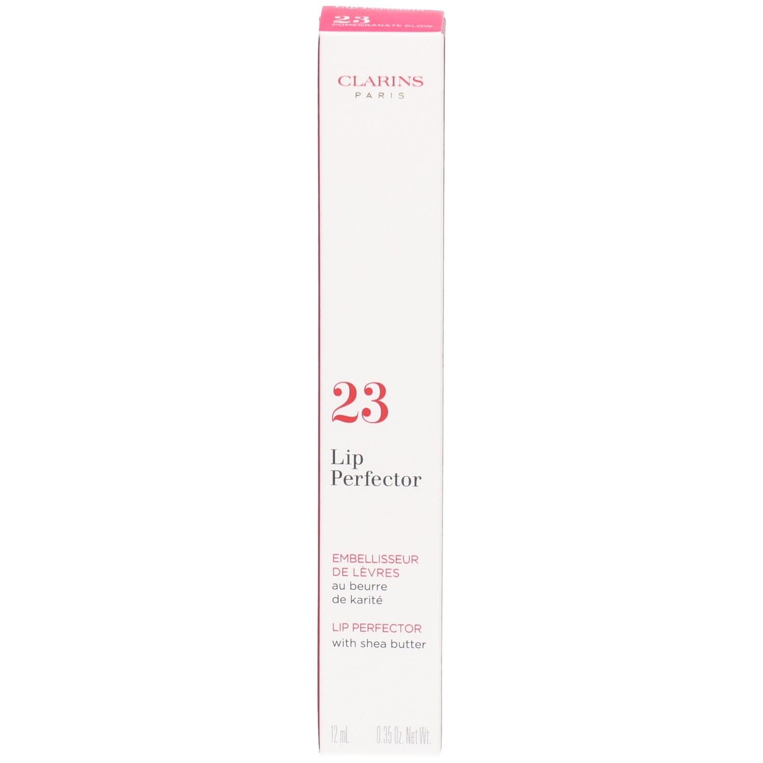 Clarins Lip Perfector 23 Umverpackung mit Produktinformationen, Nummer 23 und Marke.