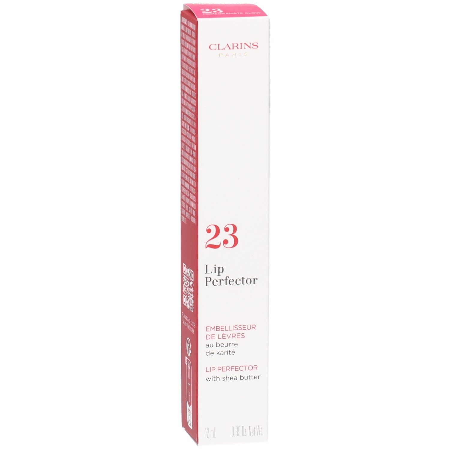 Clarins Lip Perfector 23 Umverpackung mit Produktinformationen, Nummer 23 und Marke.